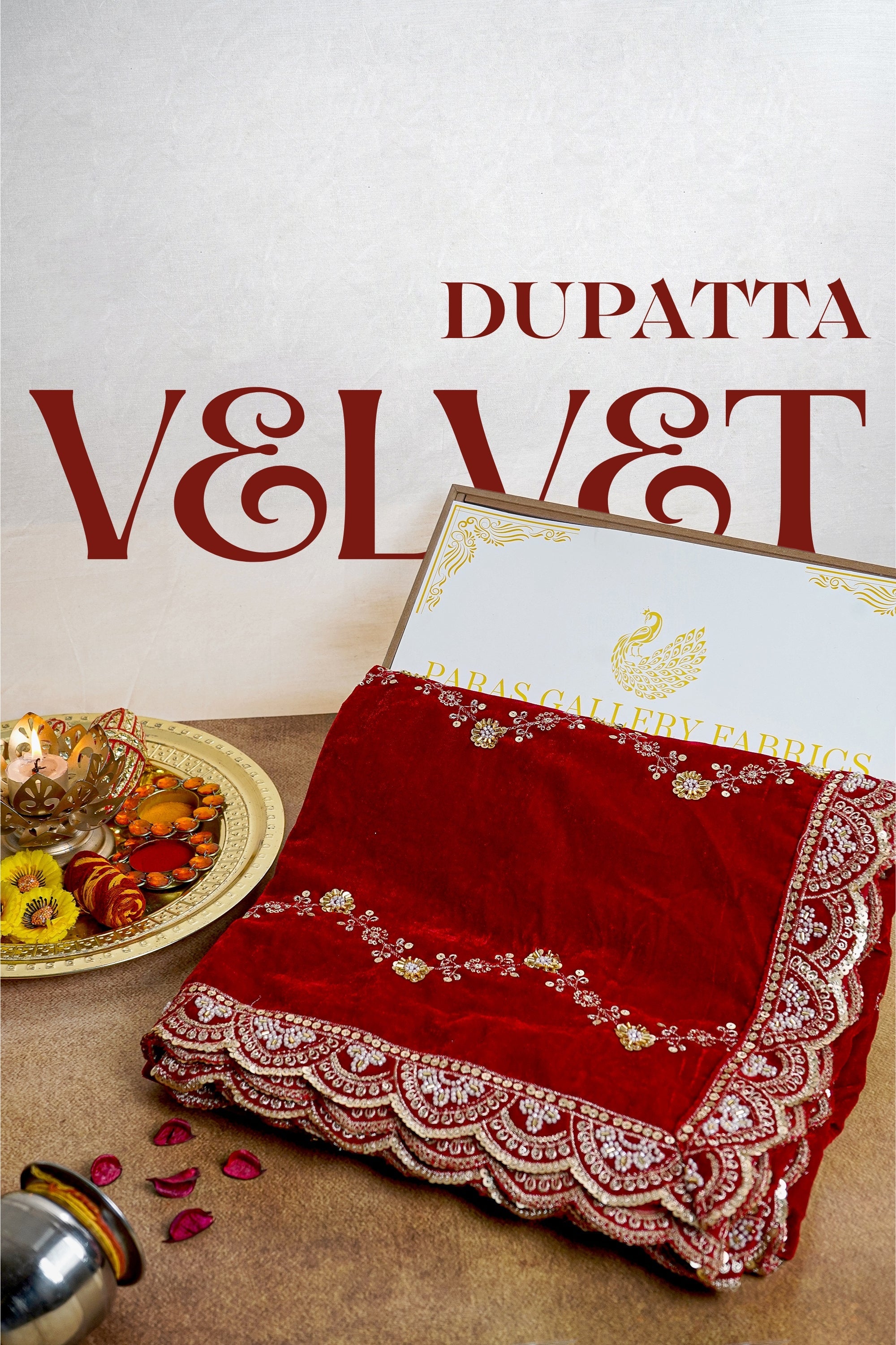 Red Velvet Dupatta With All Over Zig-Zag Pattern Of Sequins, Katdana, Bead And Zari 20590