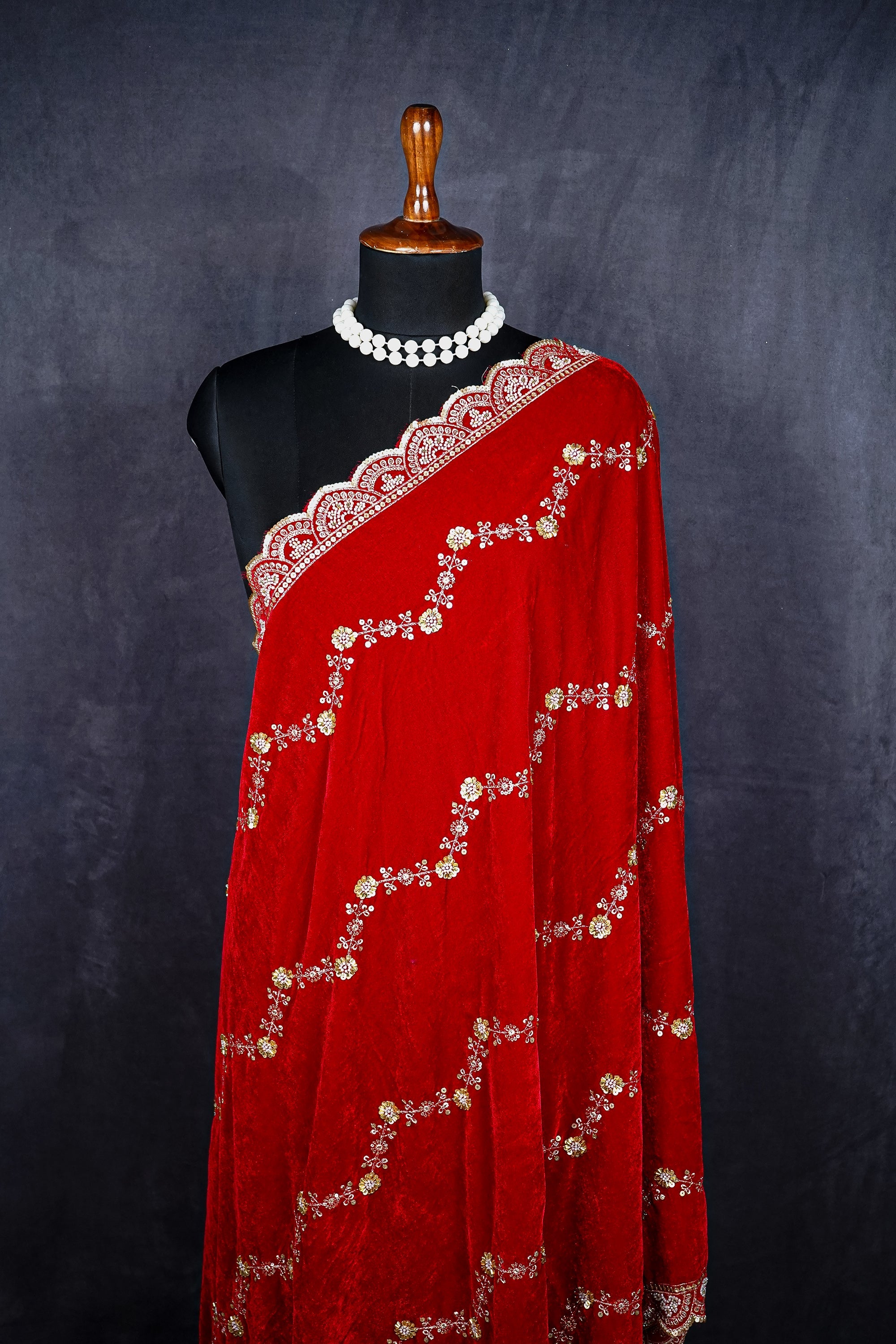 Red Velvet Dupatta With All Over Zig-Zag Pattern Of Sequins, Katdana, Bead And Zari 20590