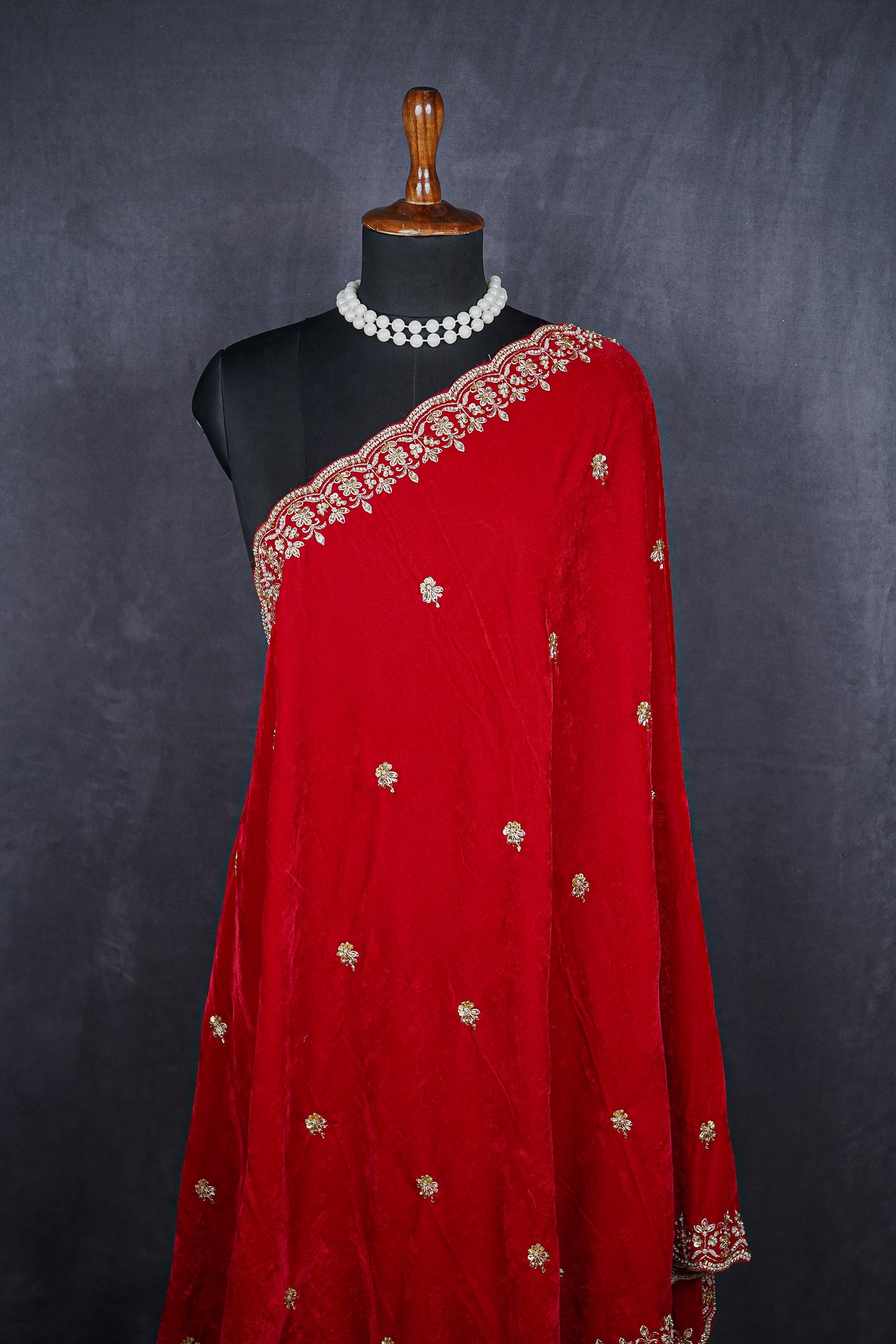 Red Velvet Dupatta With All Over Buti Of Sequins, Katdana, Bead And Zari 20596