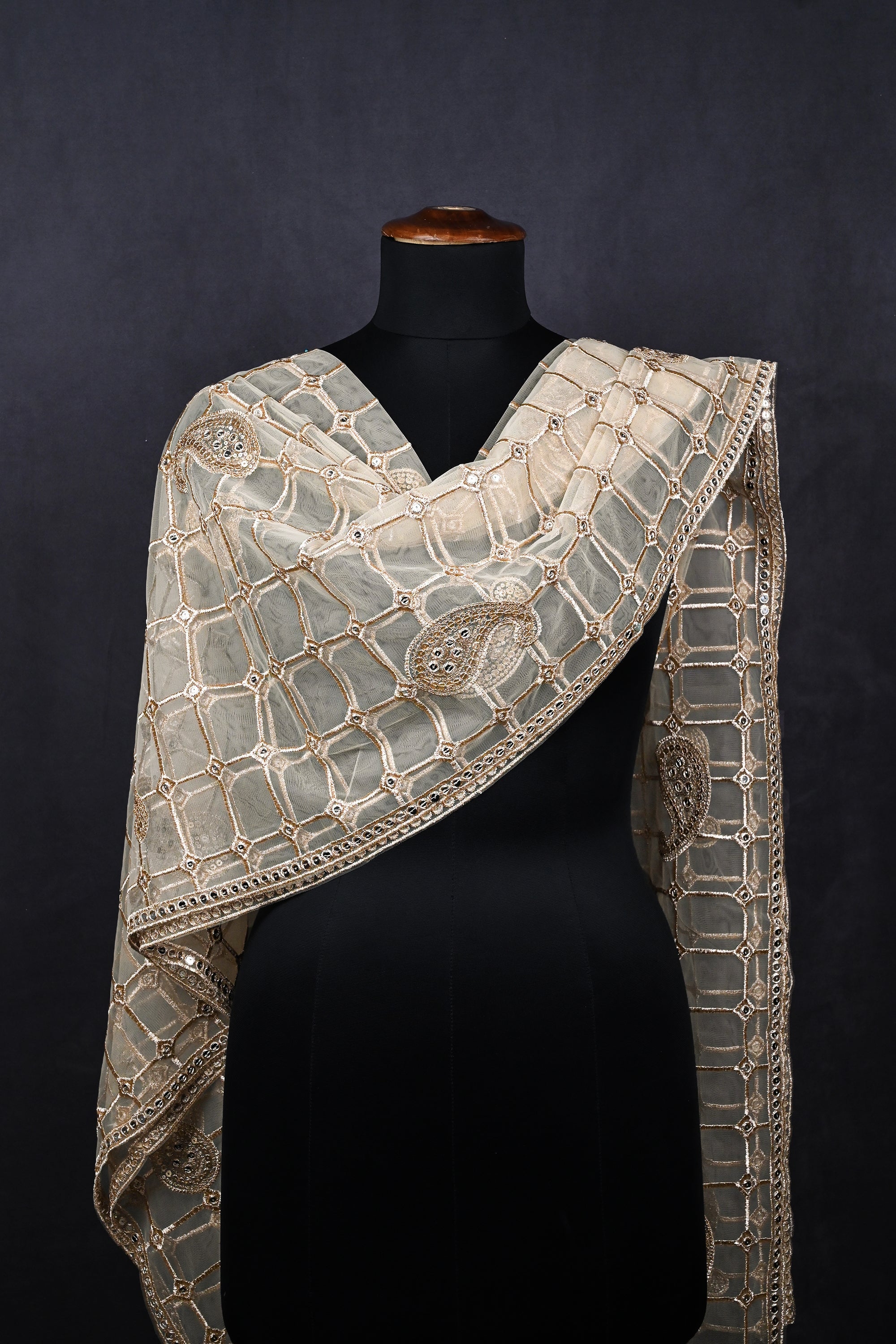 White Net Dupatta With All Over Sequins And Zari Work 20598