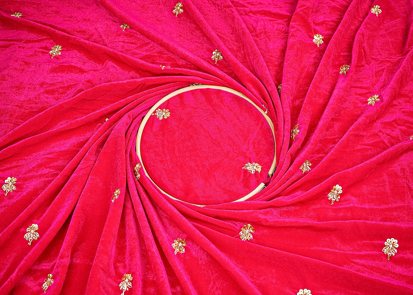 Rani Pink Velvet Fabric With All Over Buti Of Katdana, Sequins And Zari 20600