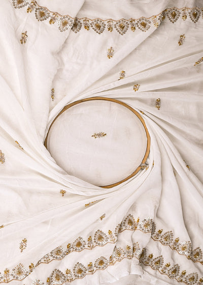 White Dyeable Georgette Fabric With All Over Katdana, Zari, Bead And Sequins Work With Two Side Border 20606