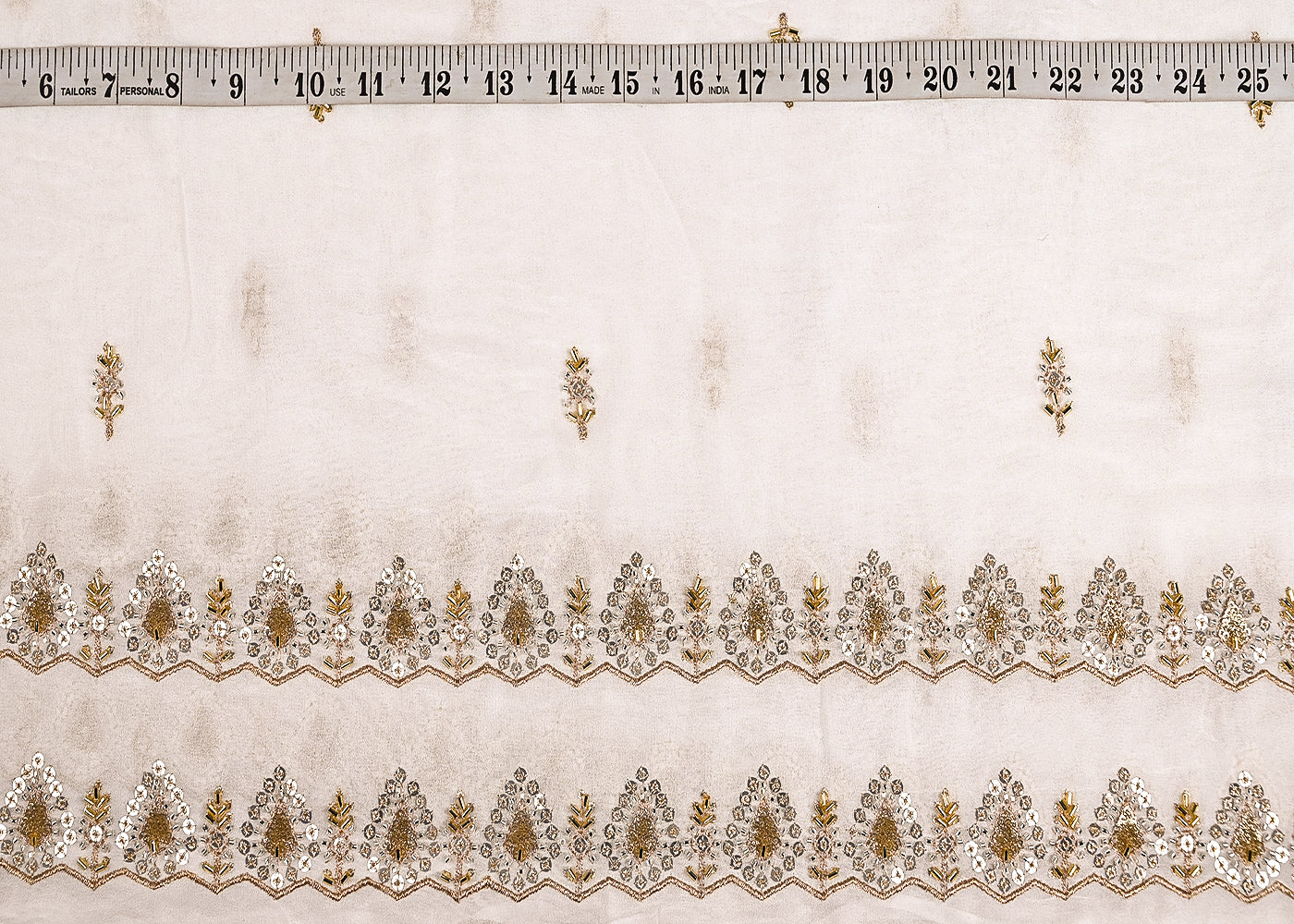 White Georgette Fabric With All Over Katdana, Zari, Bead And Sequins Work With Two Side Border 20606