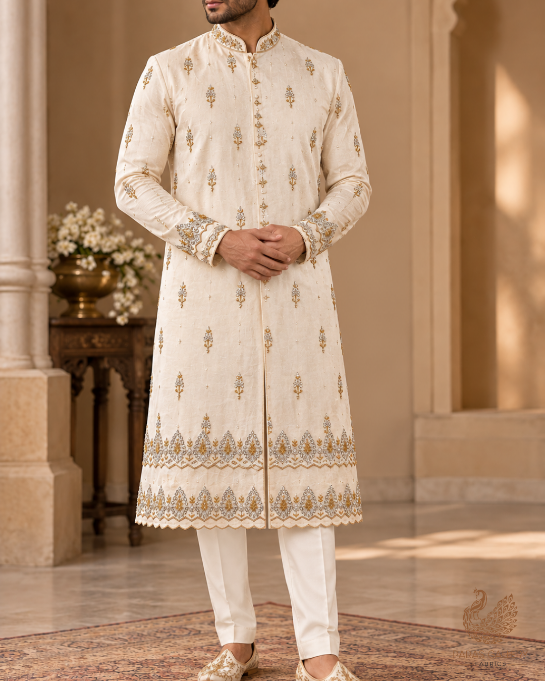 White Dyeable Georgette Fabric With All Over Katdana, Zari, Bead And Sequins Work With Two Side Border 20606