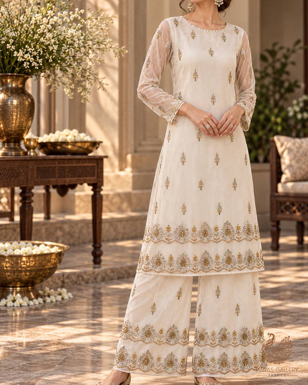 White Dyeable Georgette Fabric With All Over Katdana, Zari, Bead And Sequins Work With Two Side Border 20606