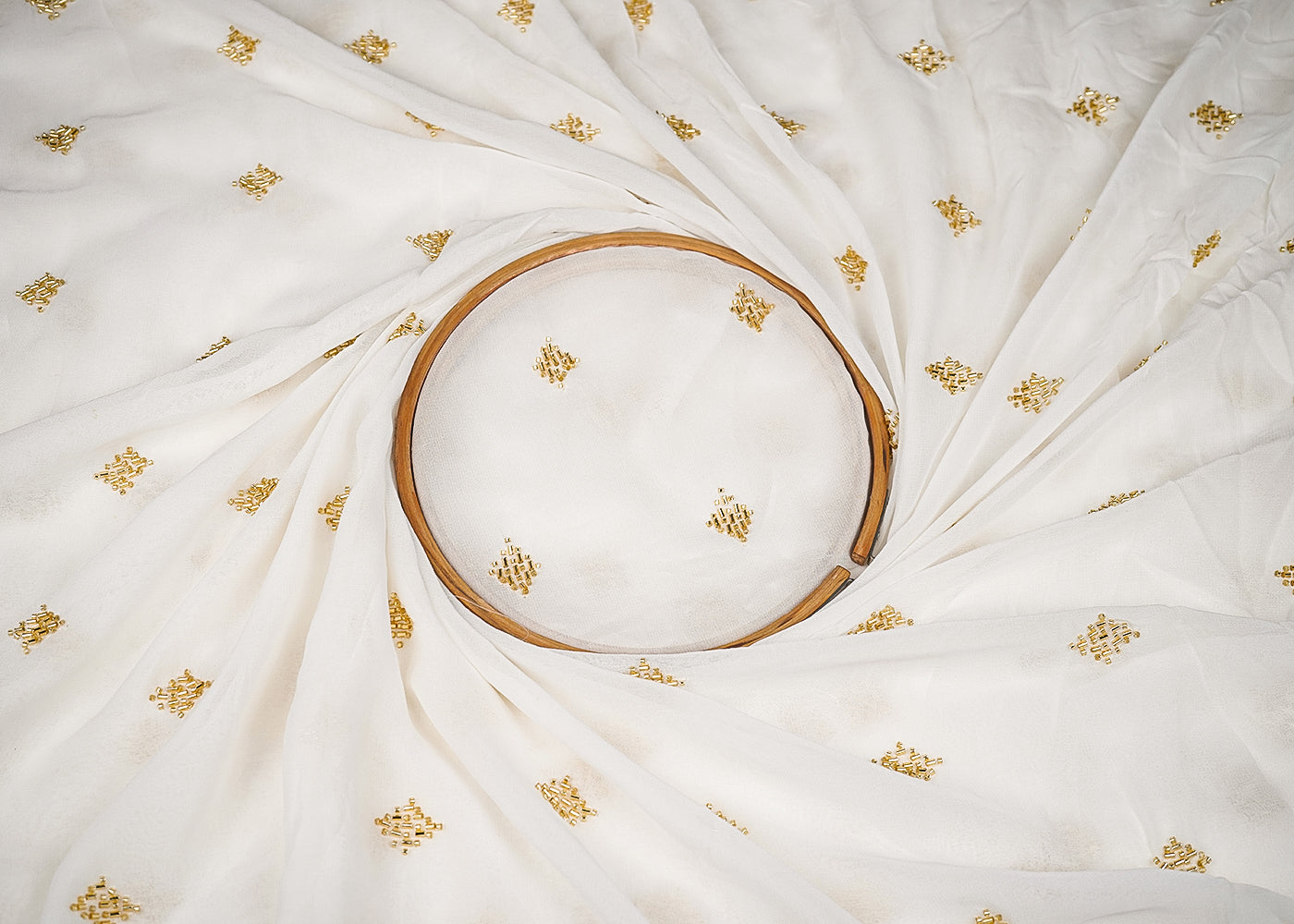 White Georgette Fabric With All Over Buti Of Katdana And Bead 20608