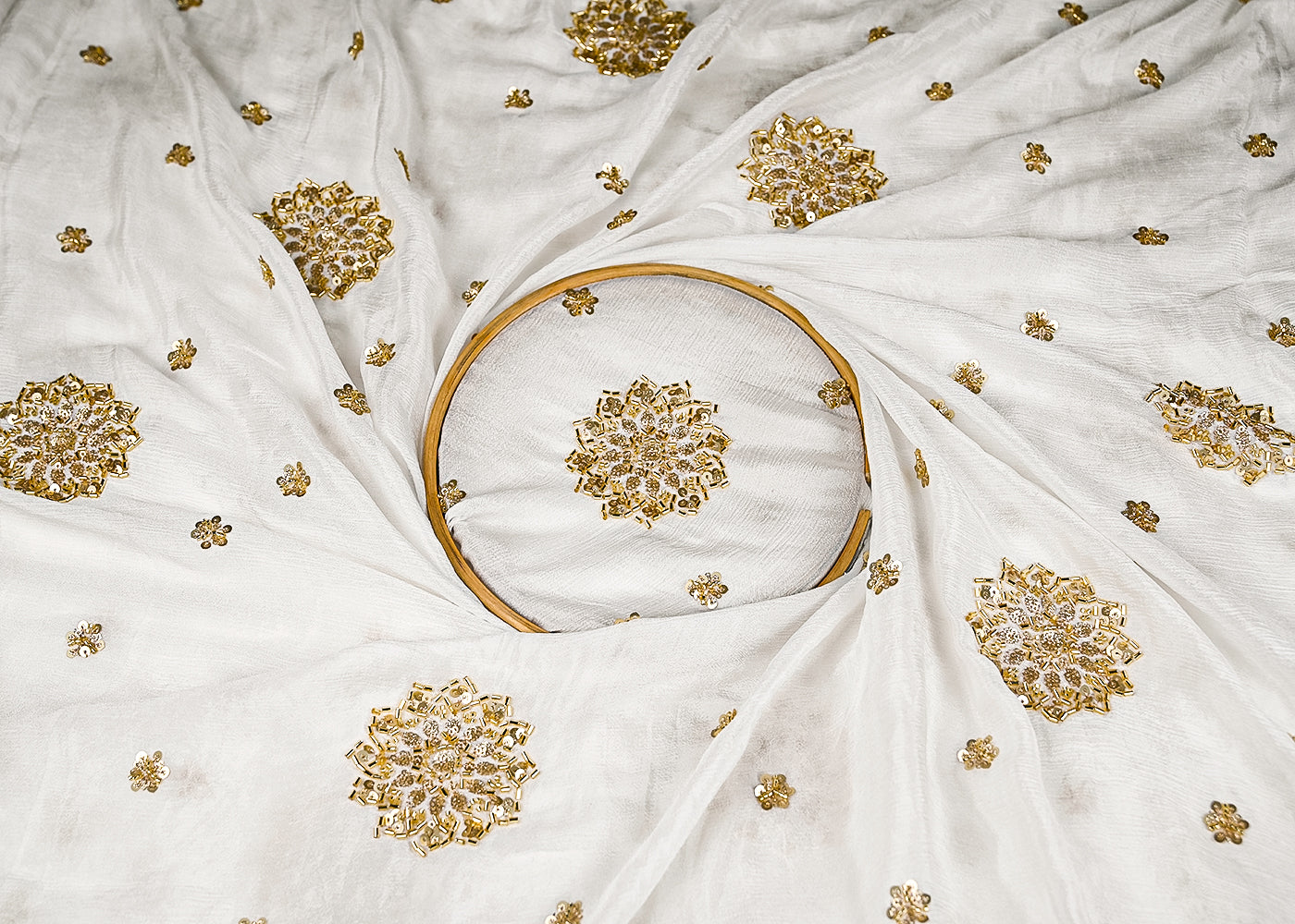 White Chinon Chiffon Fabric With All Over Sequins, Katdana And Bead Work 20609