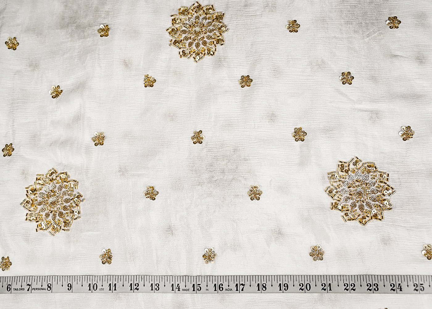 White Chinon Chiffon Fabric With All Over Sequins, Katdana And Bead Work 20609
