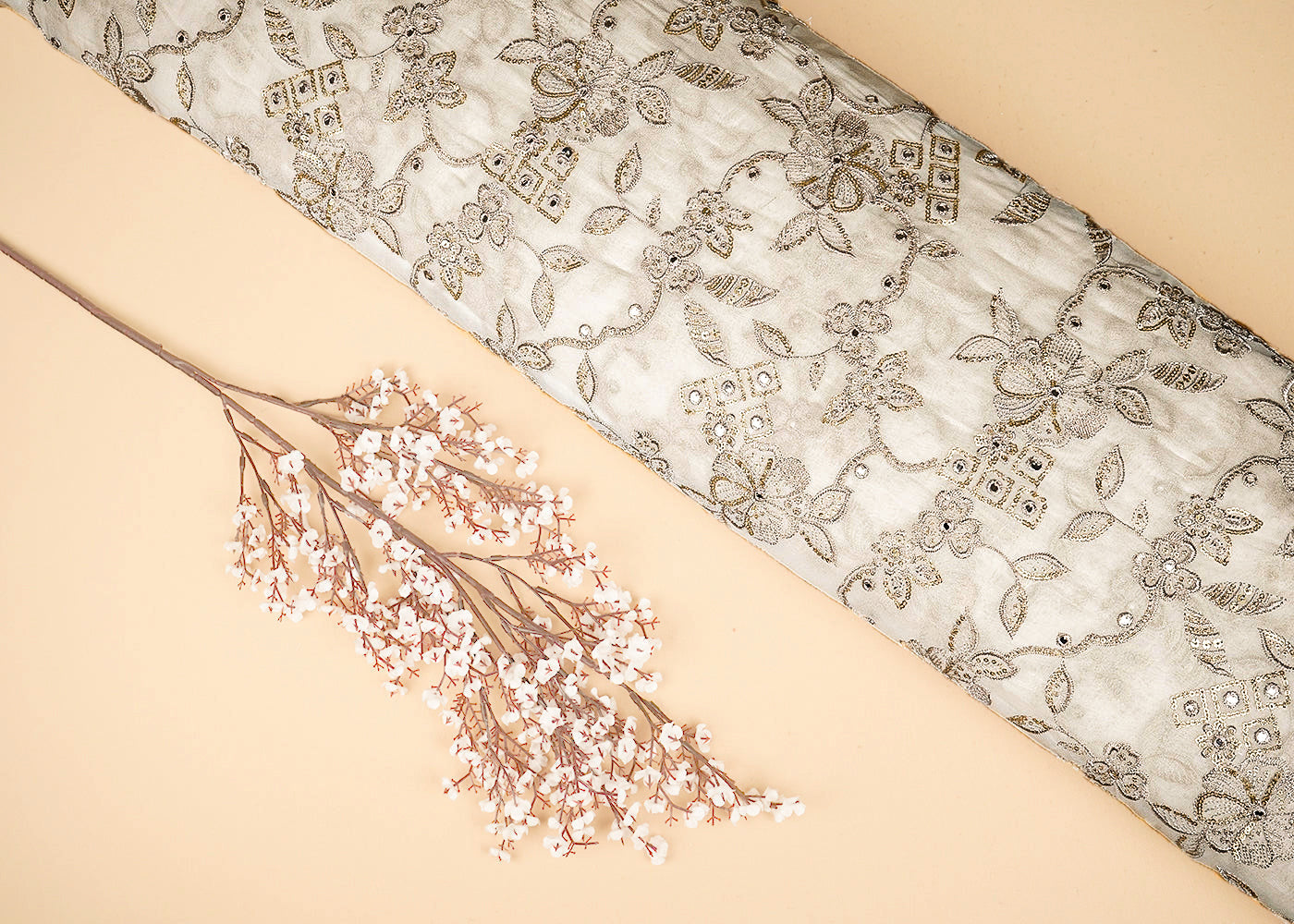 White Dyeable Georgette Fabric With All Over Zari, Faux Mirror And Sequins 20612