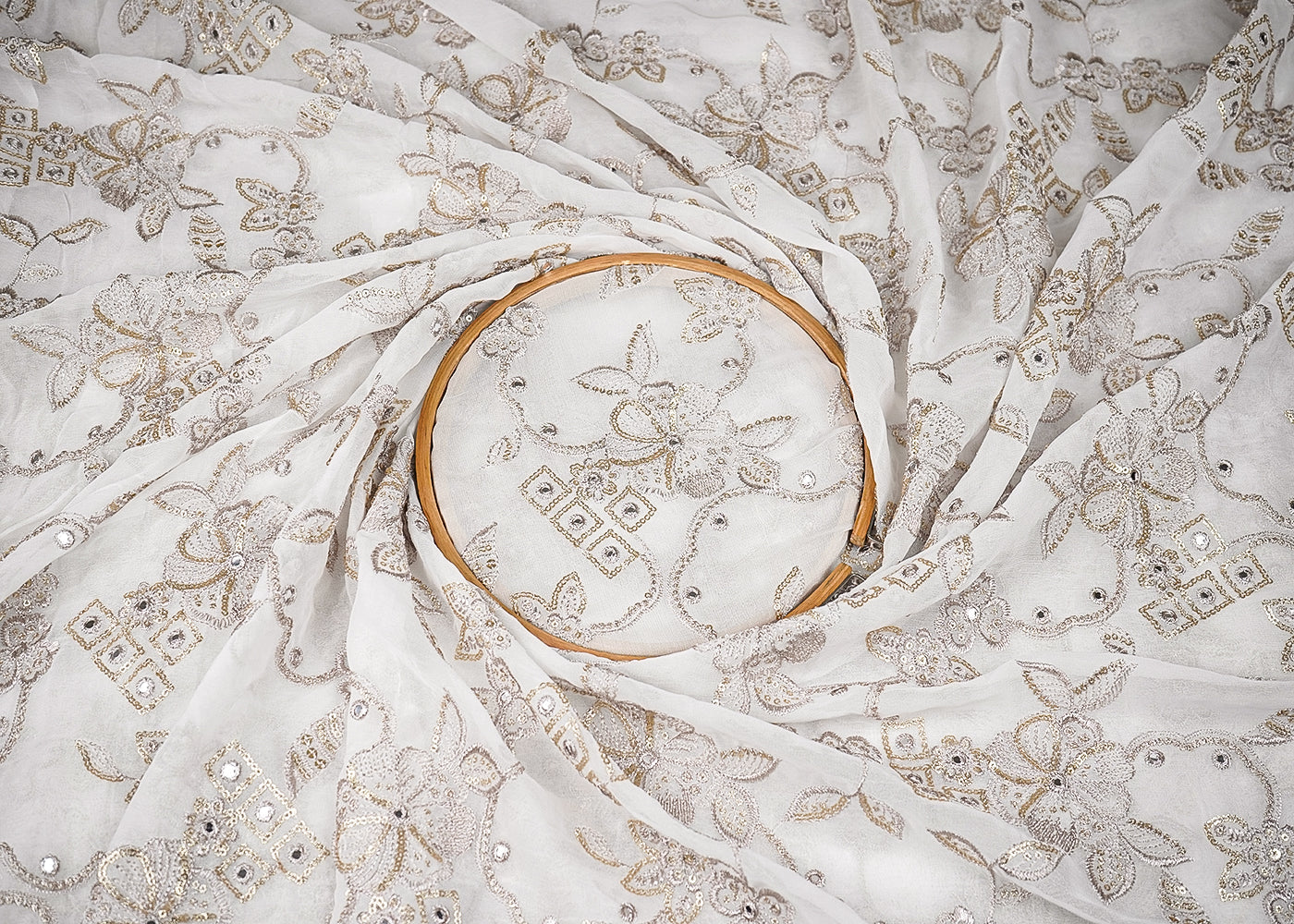 White Georgette Fabric With All Over Zari, Faux Mirror And Sequins 20612