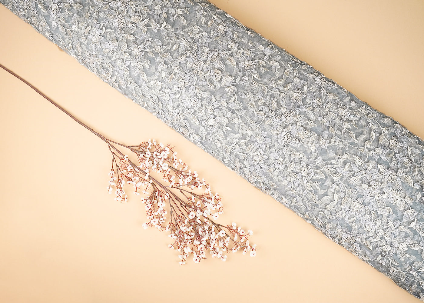 Grey Imported Net Fabric With All Over Thread, Bead And Sequins With Two Side Scalloped Edges 20615