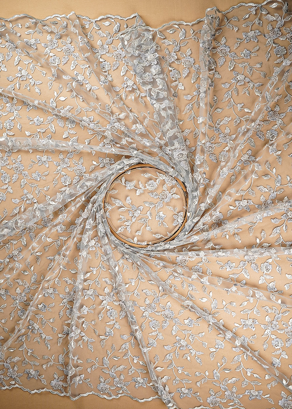 Grey Imported Net Fabric With All Over Thread, Bead And Sequins With Two Side Scalloped Edges 20615