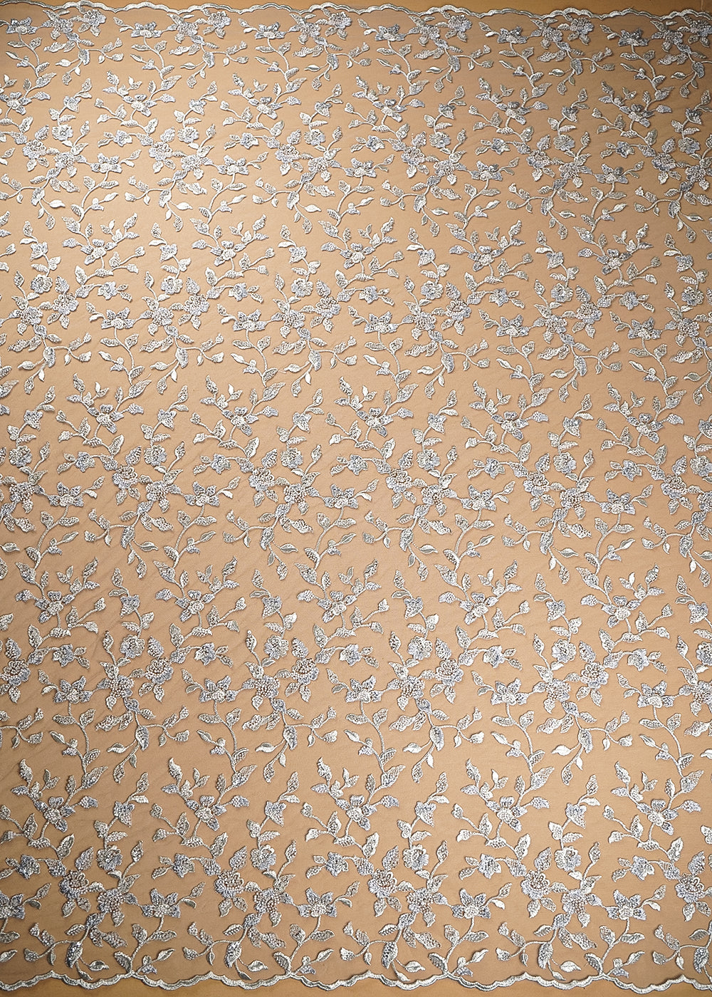 Grey Imported Net Fabric With All Over Thread, Bead And Sequins With Two Side Scalloped Edges 20615