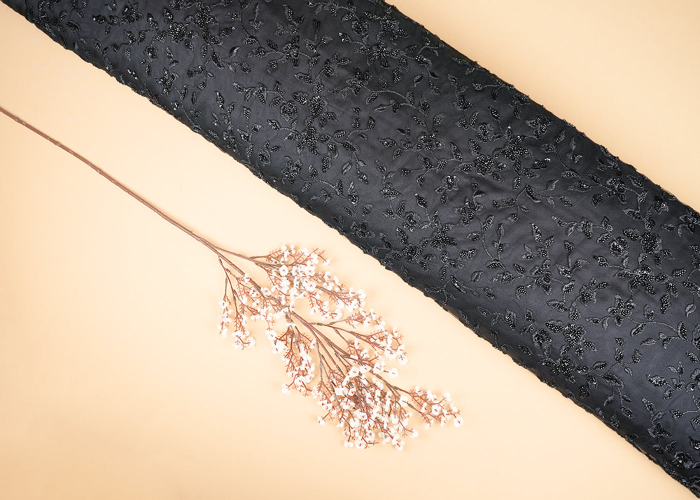 Black Imported Net Fabric With All Over Thread, Bead And Sequins With Two Side Scalloped Edges 20616