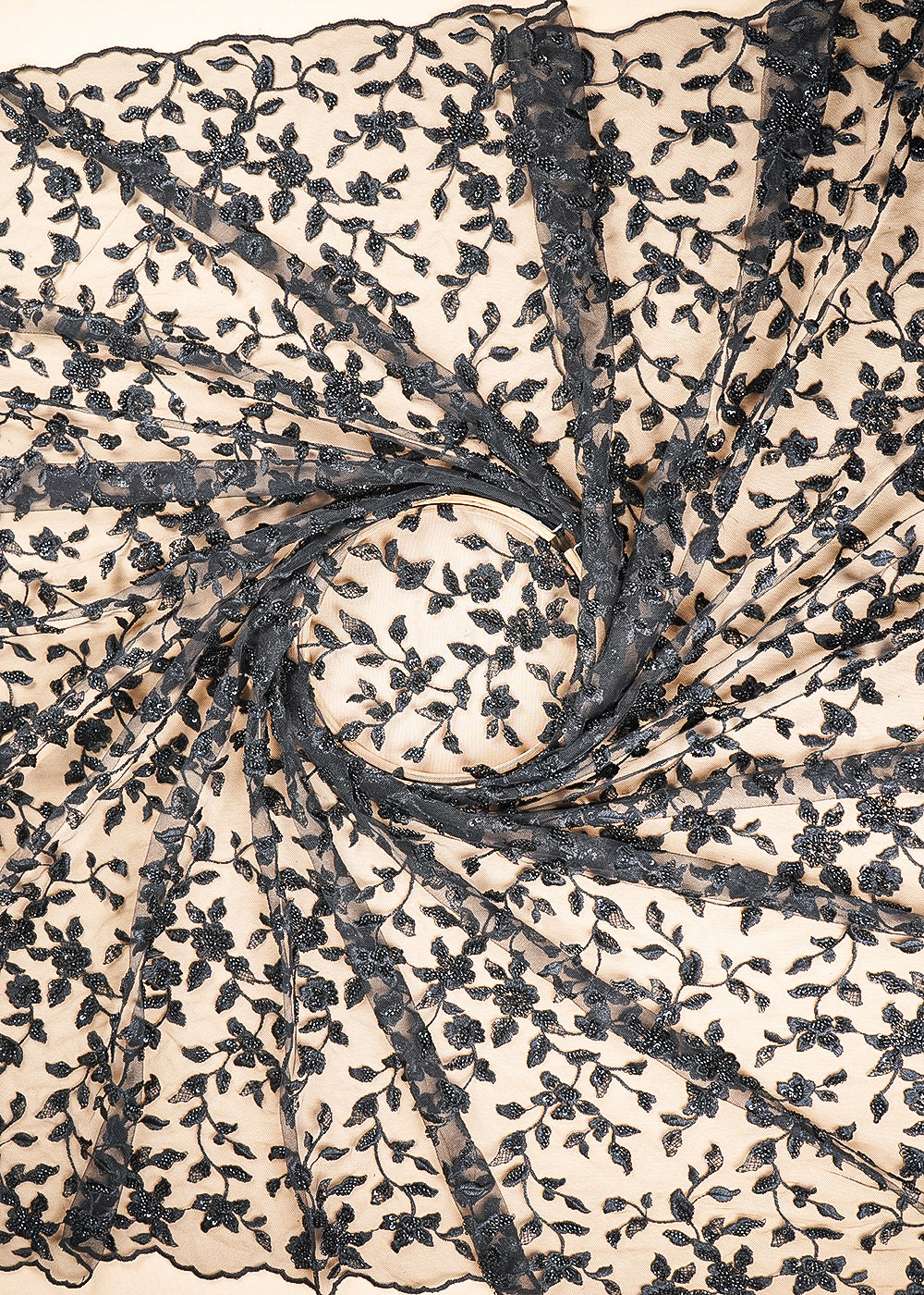 Black Imported Net Fabric With All Over Thread, Bead And Sequins With Two Side Scalloped Edges 20616