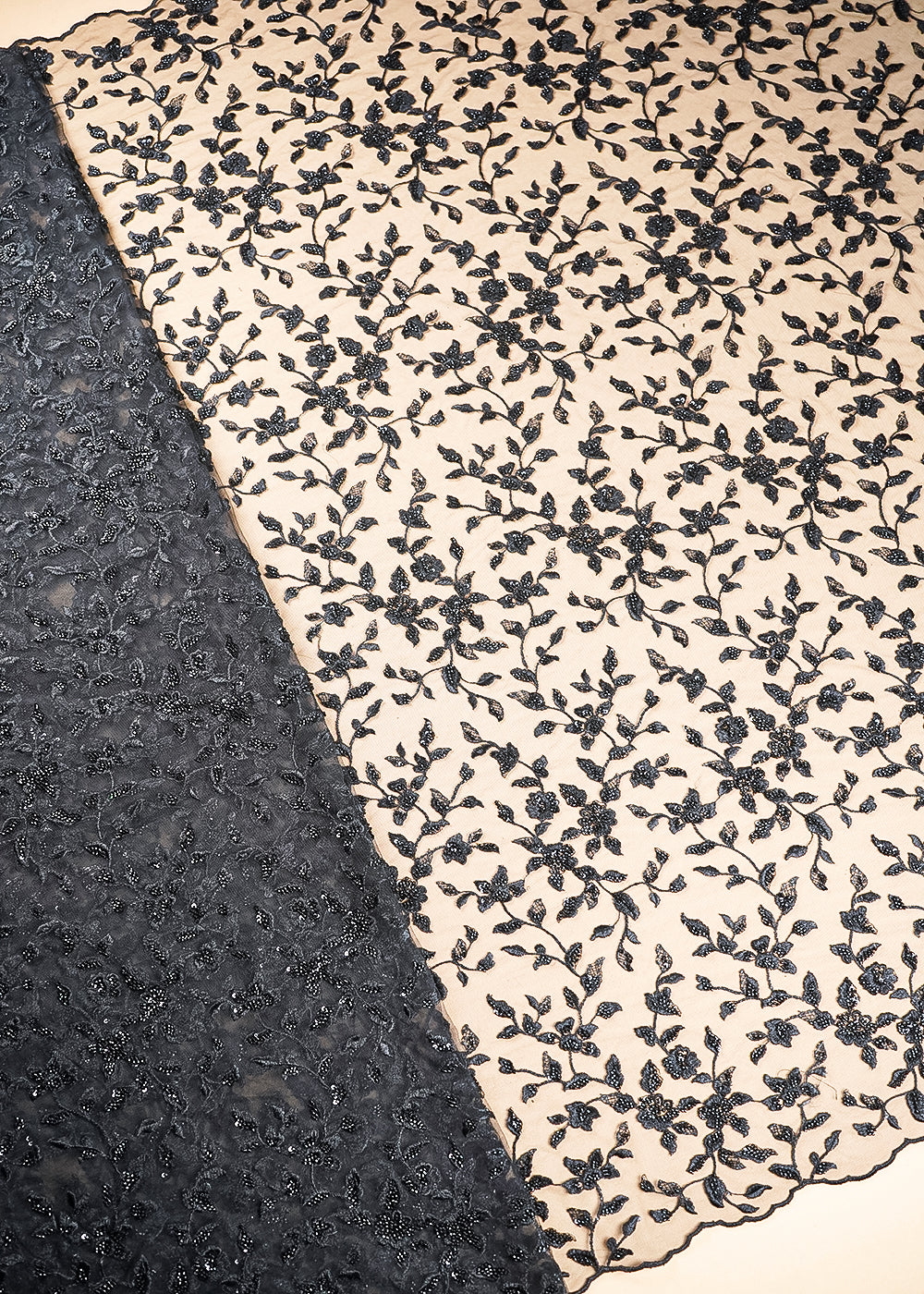 Black Imported Net Fabric With All Over Thread, Bead And Sequins With Two Side Scalloped Edges 20616