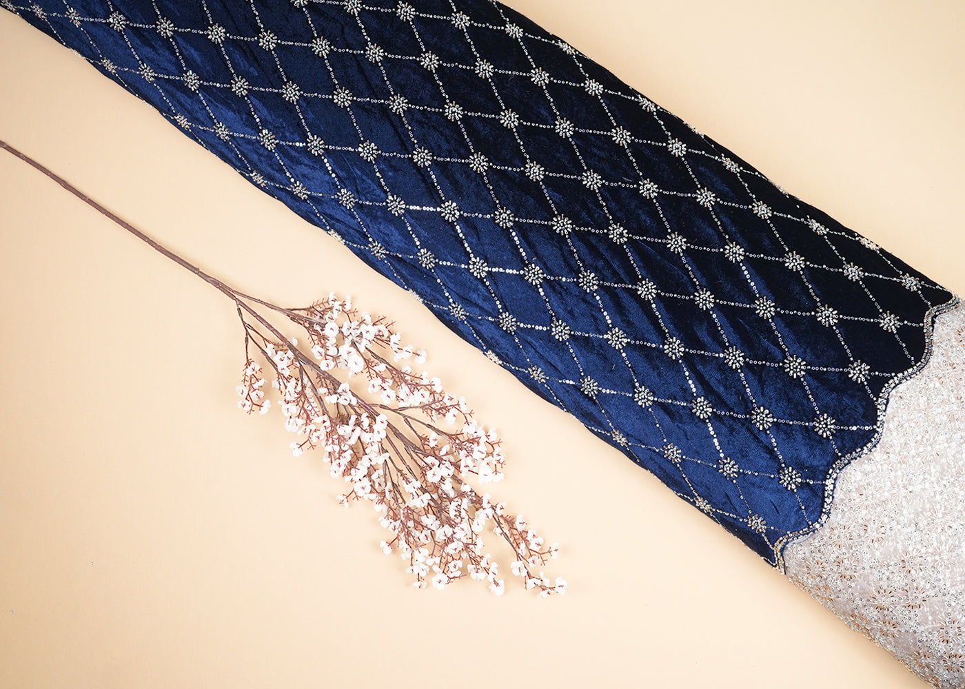 Navy Blue Velvet Fabric With All Over Buti Of Katdana, Pearl And Bead With One Side Border 20618