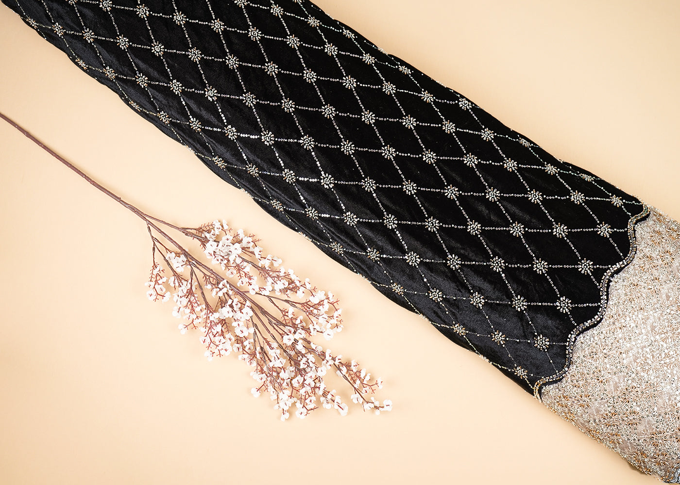Black Velvet Fabric With All Over Buti Of Katdana, Pearl And Bead With One Side Border 20619