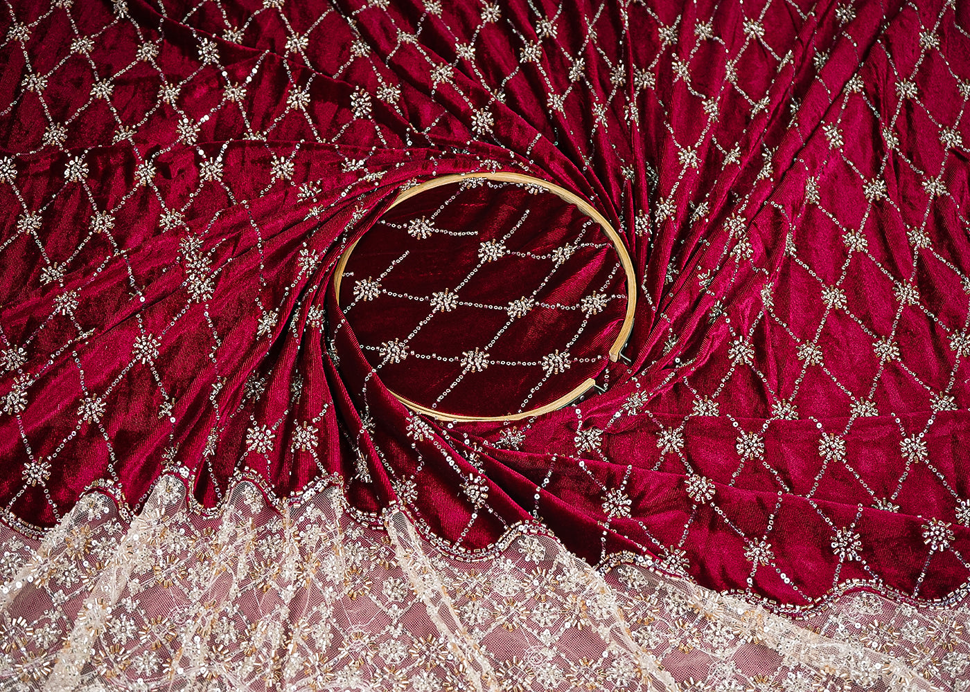 Wine Velvet Fabric With All Over Buti Of Katdana, Pearl And Bead With One Side Border 20620