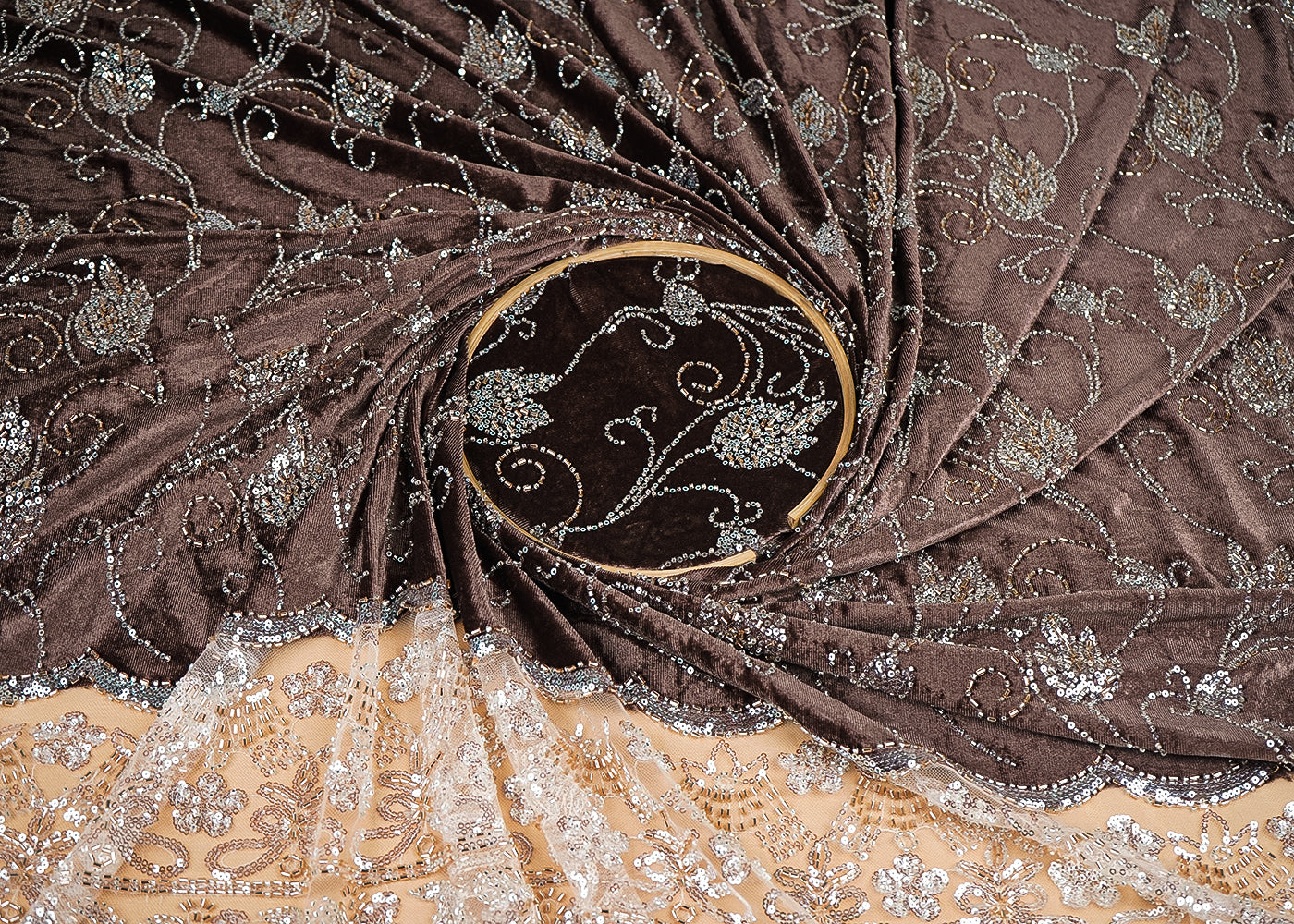 Coffee Velvet Fabric With All Over Buti Of Katdana And Bead With One Side Border 20621