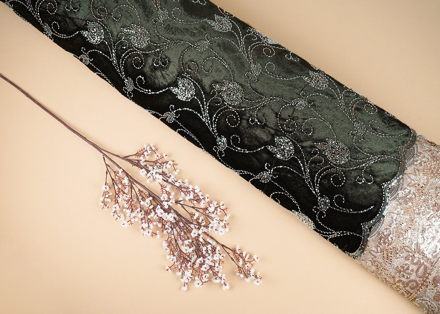 Mehendi Green Velvet Fabric With All Over Buti Of Katdana And Bead With One Side Border 20622