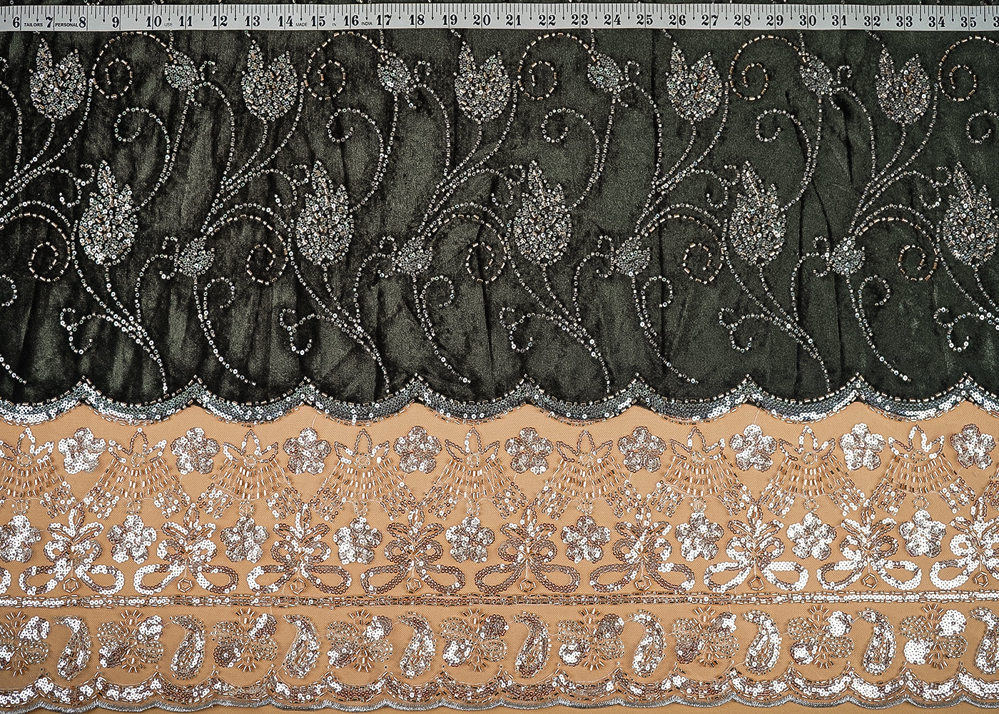 Mehendi Green Velvet Fabric With All Over Buti Of Katdana And Bead With One Side Border 20622