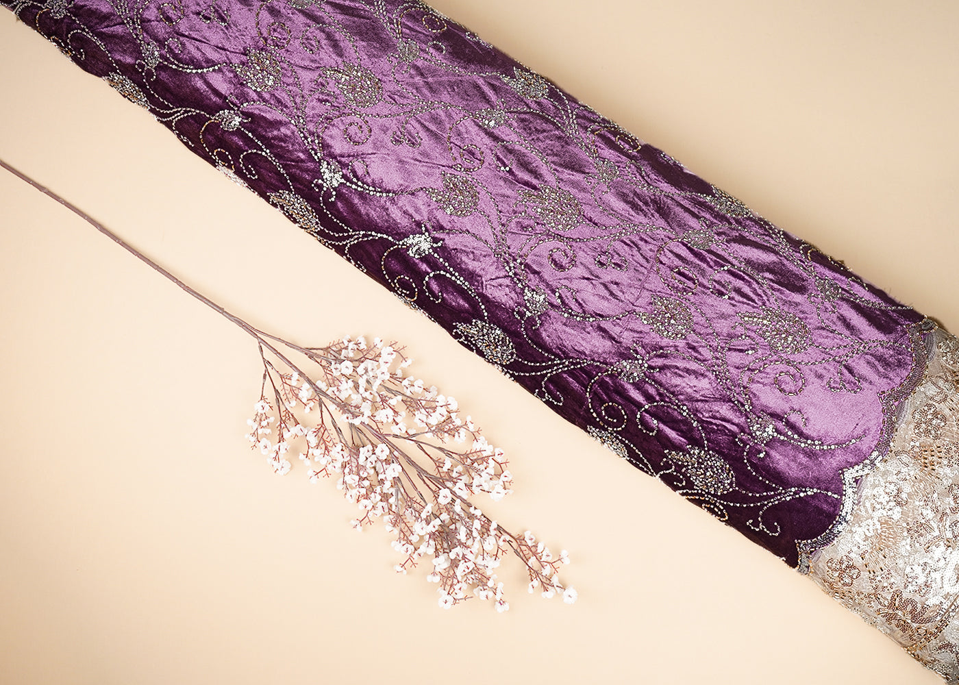 Lavender Velvet Fabric With All Over Buti Of Katdana And Bead With One Side Border 20623