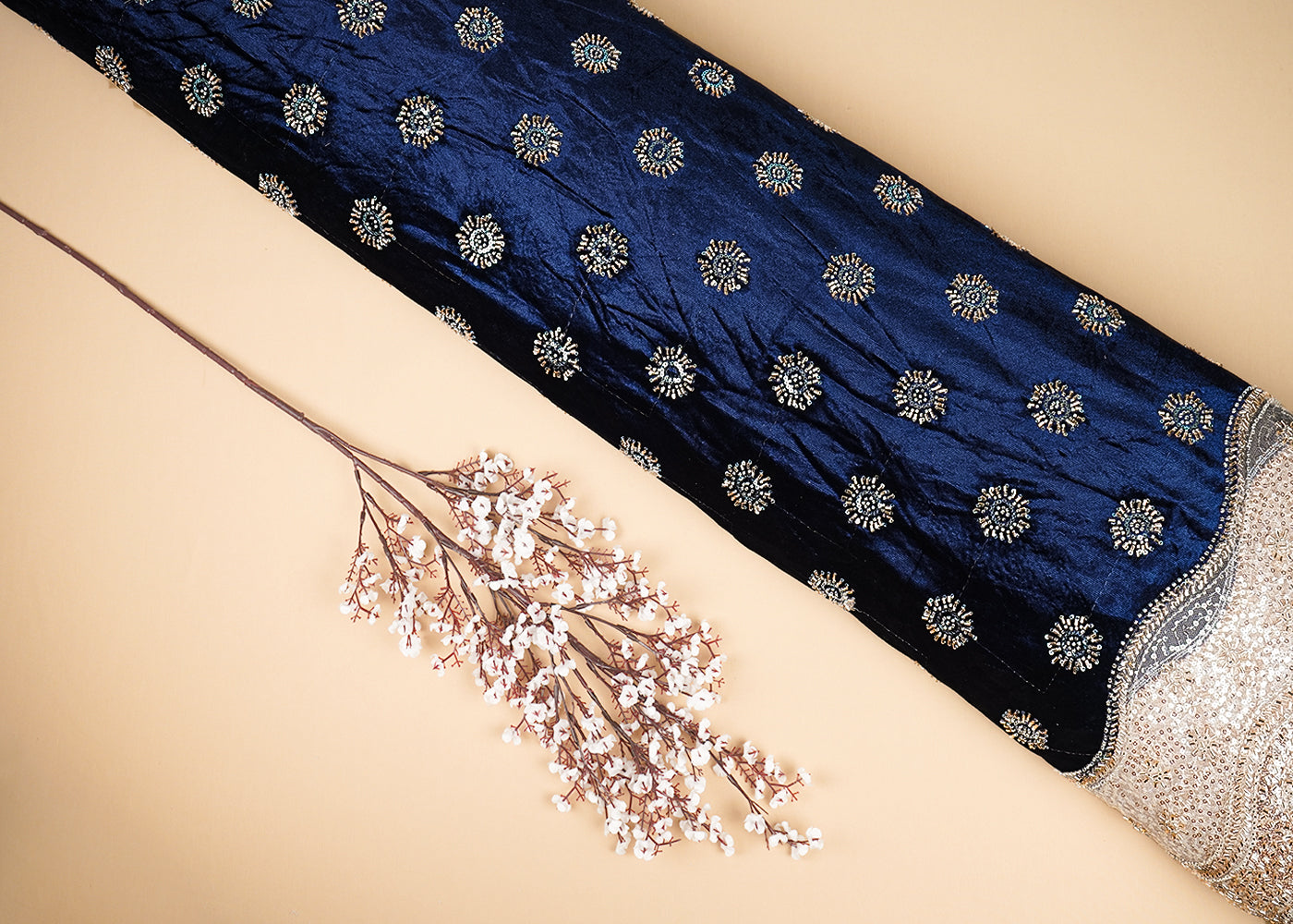 Navy Blue Velvet Fabric With All Over Buti Of Katdana And Bead With One Side Border 20625