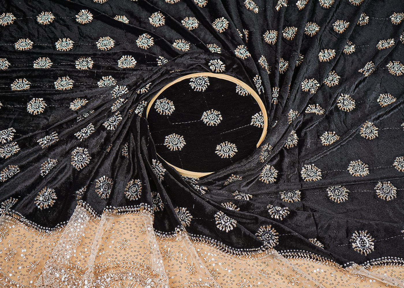 Black Velvet Fabric With All Over Buti Of Katdana And Bead With One Side Border 20626
