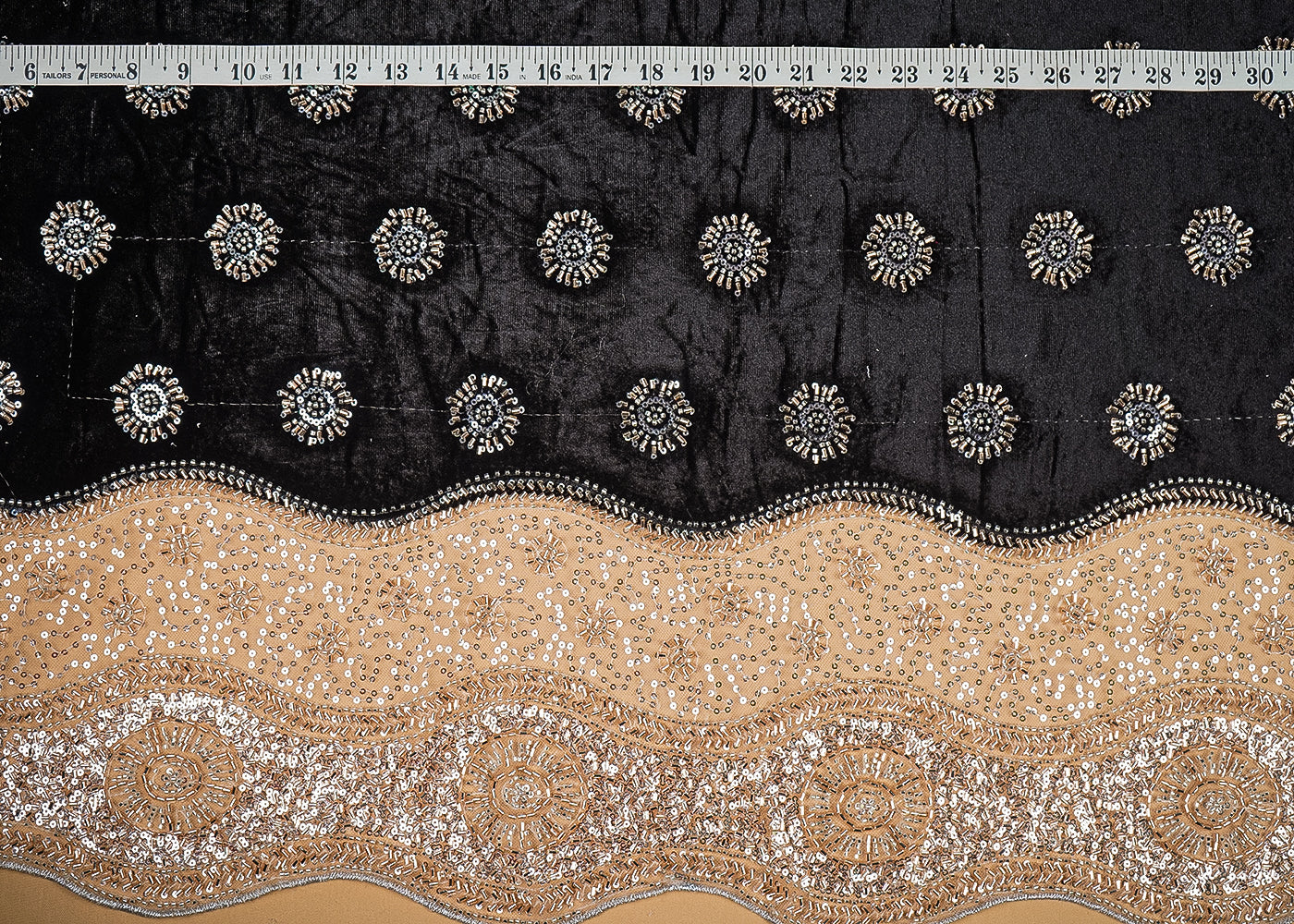 Black Velvet Fabric With All Over Buti Of Katdana And Bead With One Side Border 20626