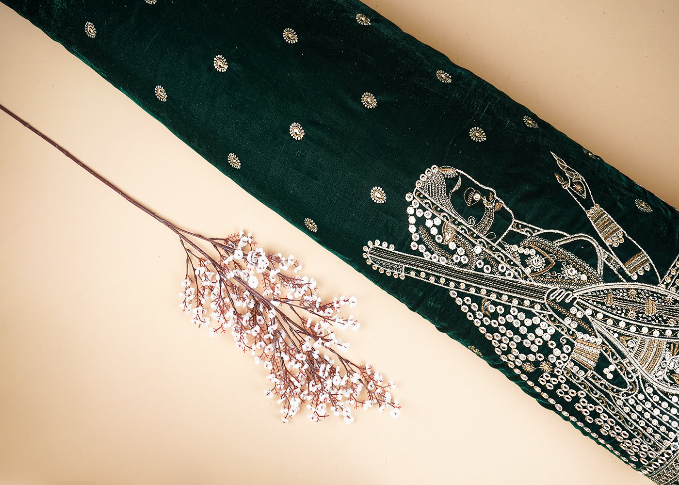 Bottle Green Velvet Fabric With All Over Faux Mirror, Zari And Sequins Work With One Side Heavy Border 20628