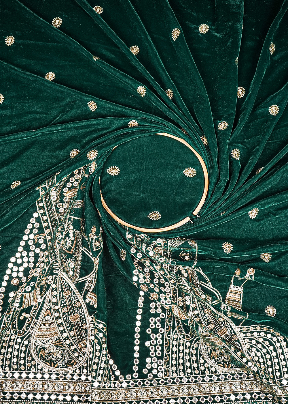 Bottle Green Velvet Fabric With All Over Faux Mirror, Zari And Sequins Work With One Side Heavy Border 20628