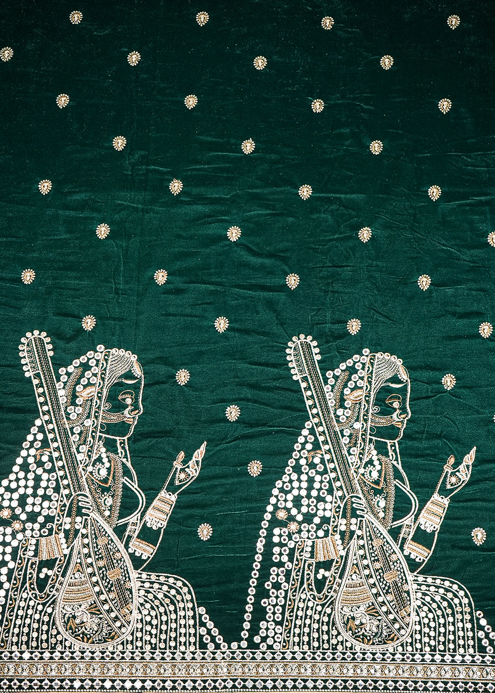 Bottle Green Velvet Fabric With All Over Faux Mirror, Zari And Sequins Work With One Side Heavy Border 20628