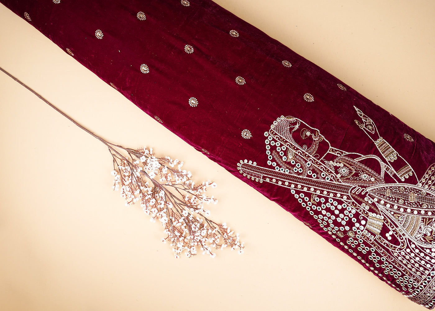 Wine Velvet Fabric With All Over Faux Mirror, Zari And Sequins Work With One Side Heavy Border 20629