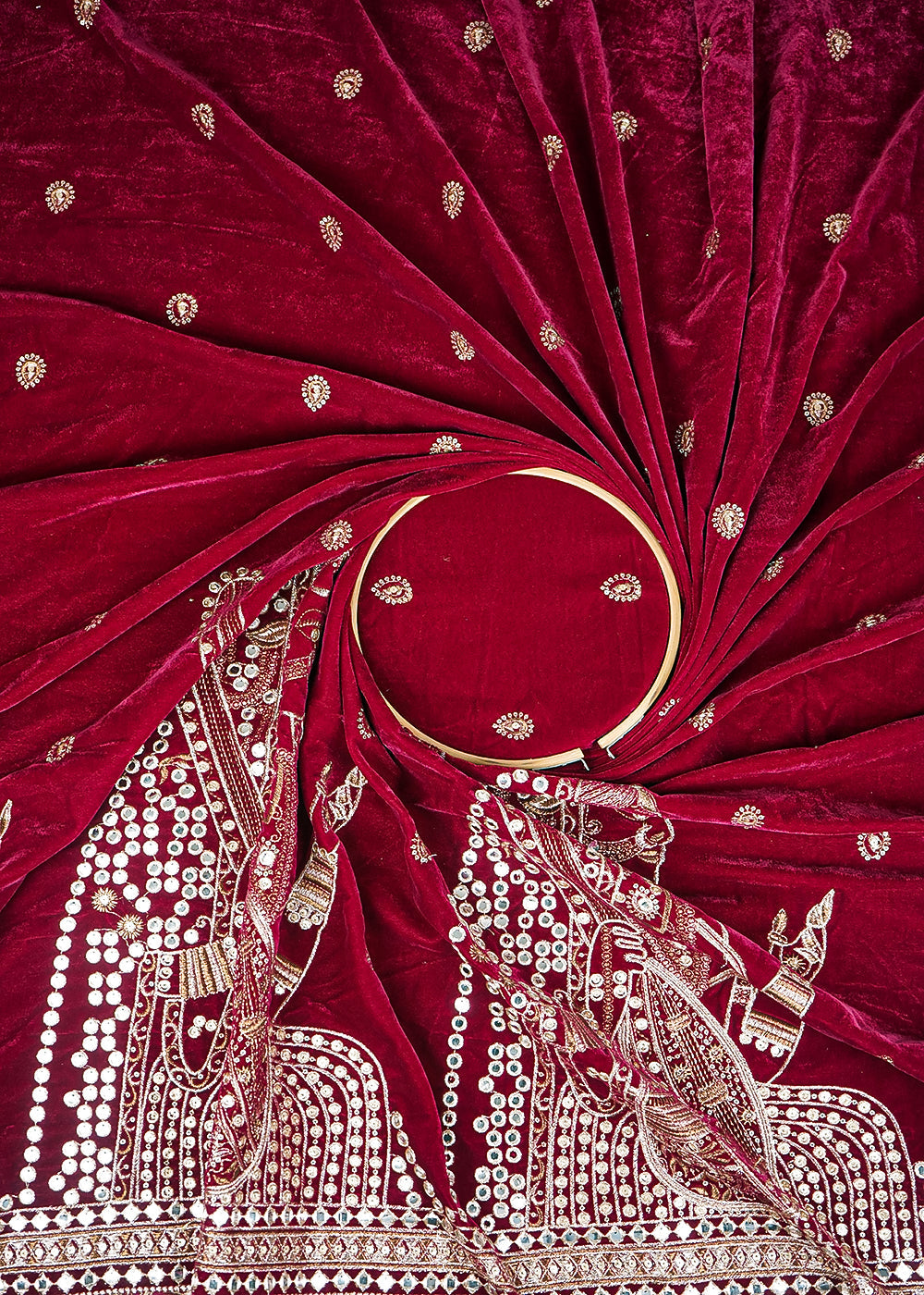 Wine Velvet Fabric With All Over Faux Mirror, Zari And Sequins Work With One Side Heavy Border 20629