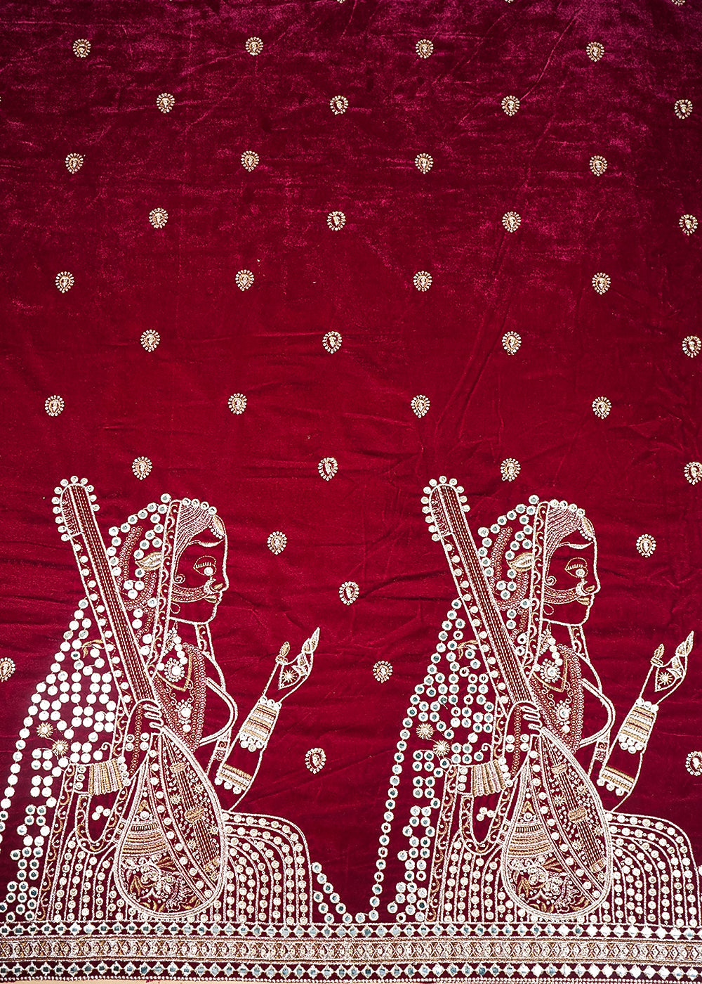 Wine Velvet Fabric With All Over Faux Mirror, Zari And Sequins Work With One Side Heavy Border 20629