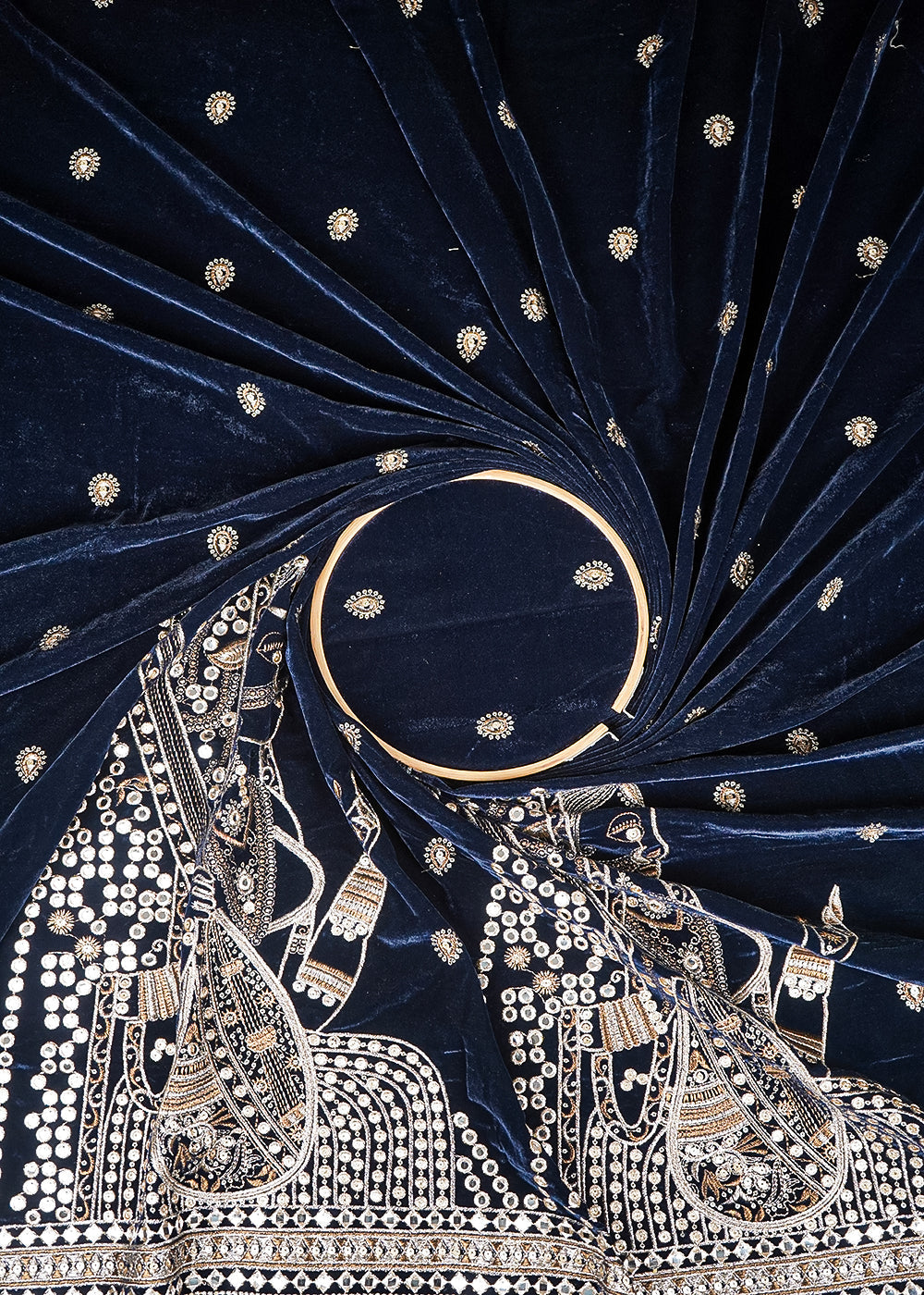 Navy Blue Velvet Fabric With All Over Faux Mirror, Zari And Sequins Work With One Side Heavy Border 20630