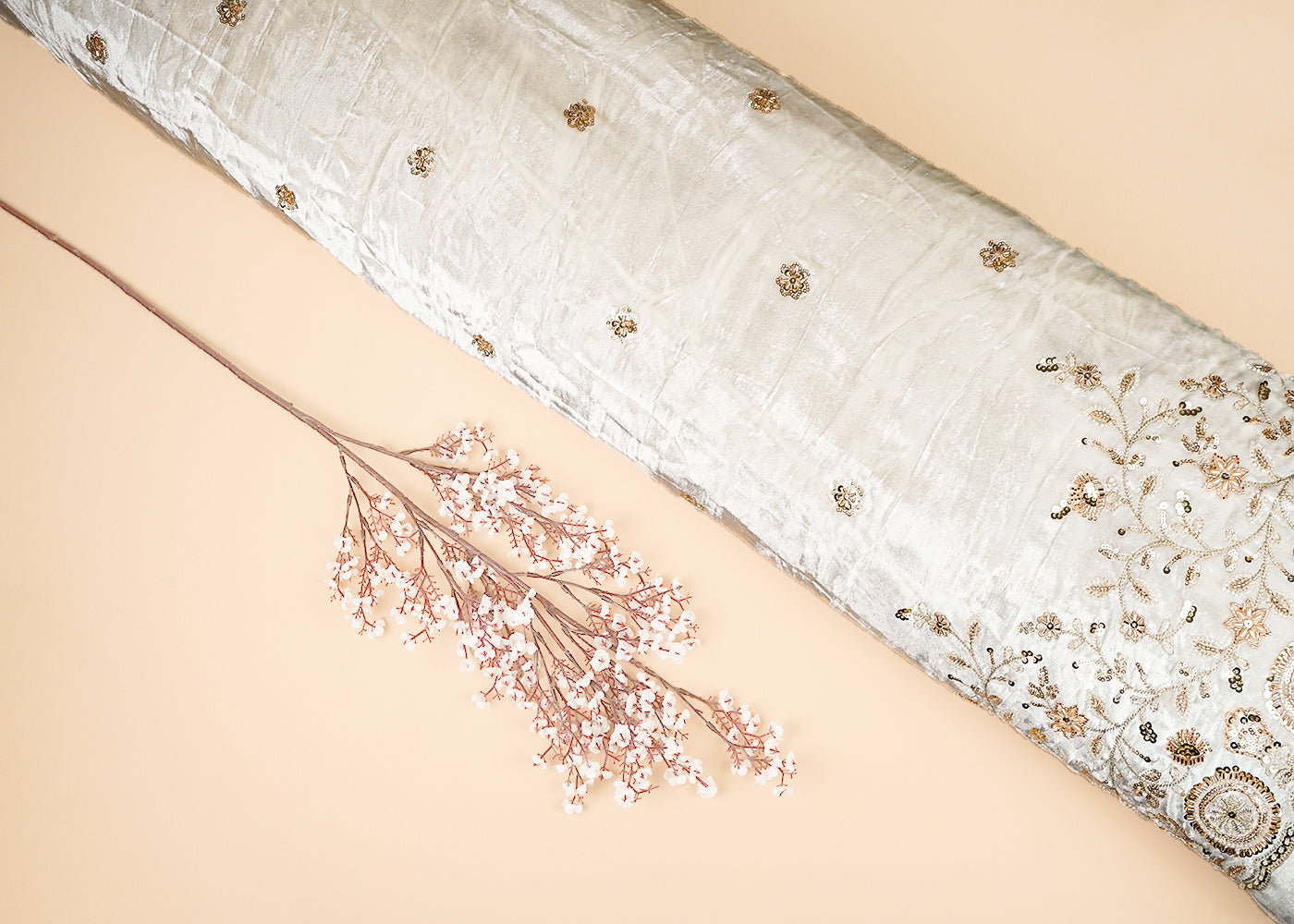 White Velvet Fabric With All Over Buti Of Katdana, Sequins And Bead With One Side Border 20634