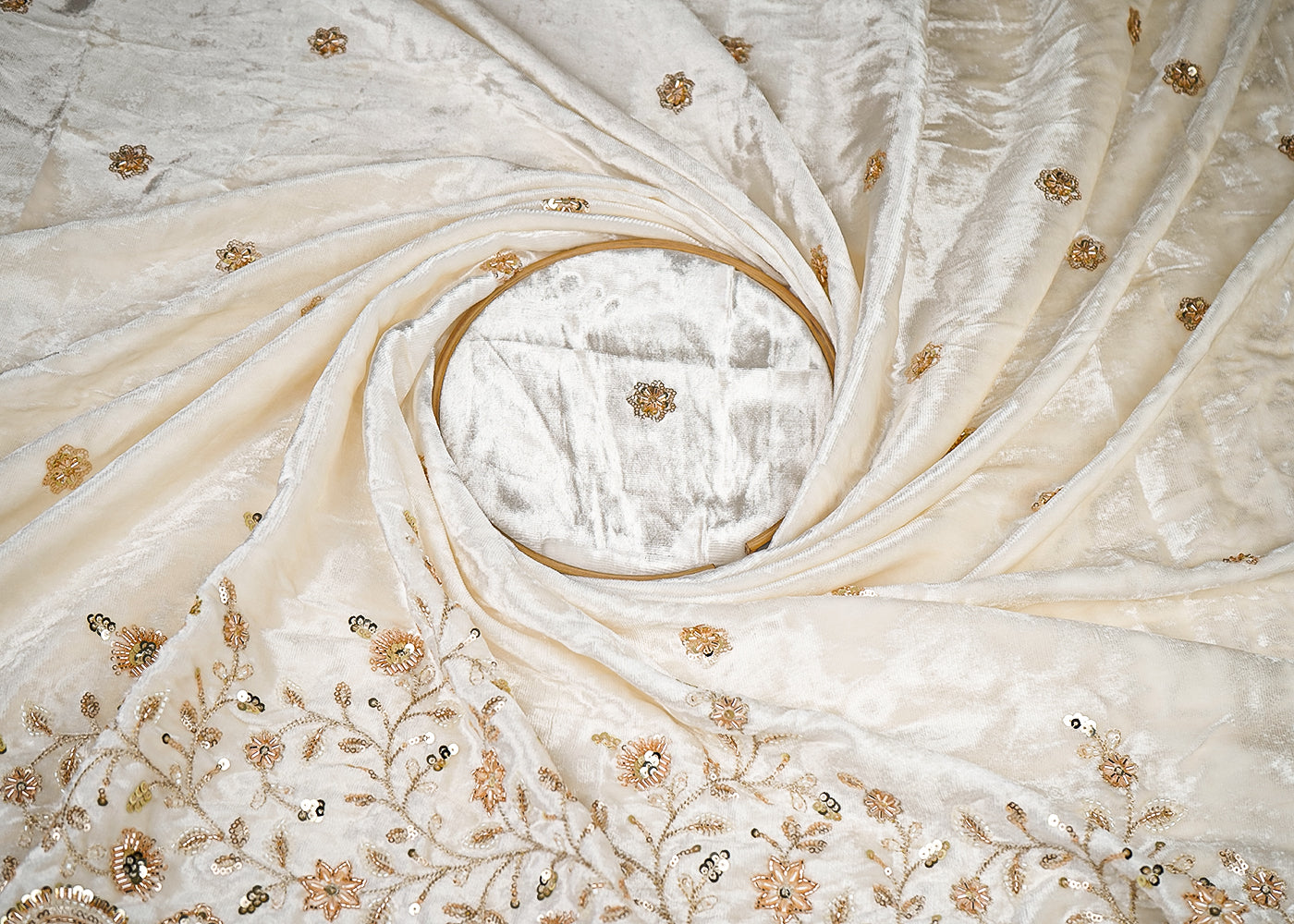 White Velvet Fabric With All Over Buti Of Katdana, Sequins And Bead With One Side Border 20634