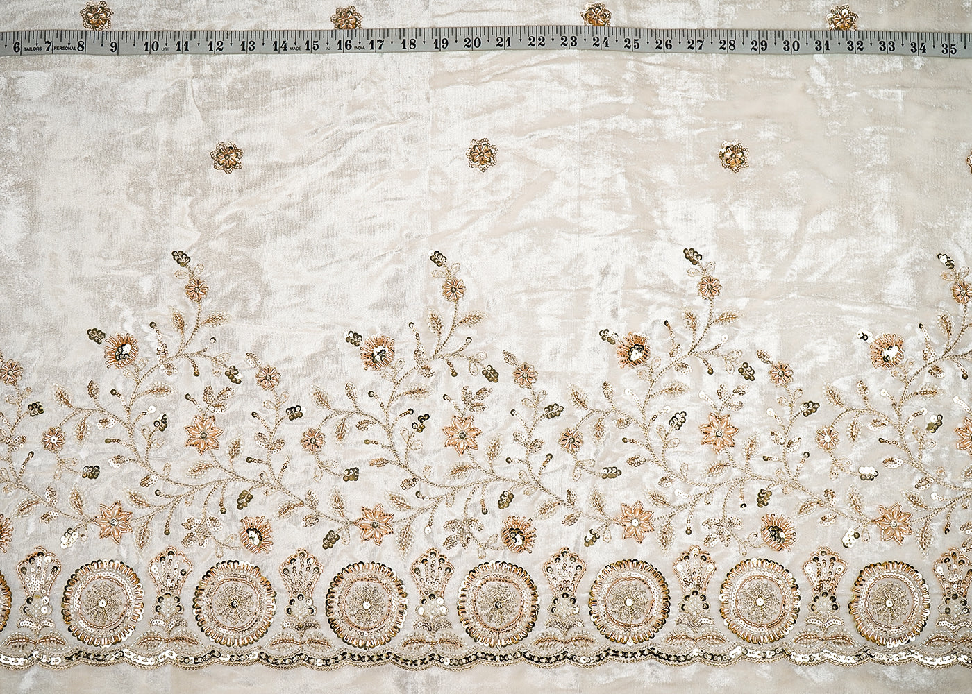 White Velvet Fabric With All Over Buti Of Katdana, Sequins And Bead With One Side Border 20634