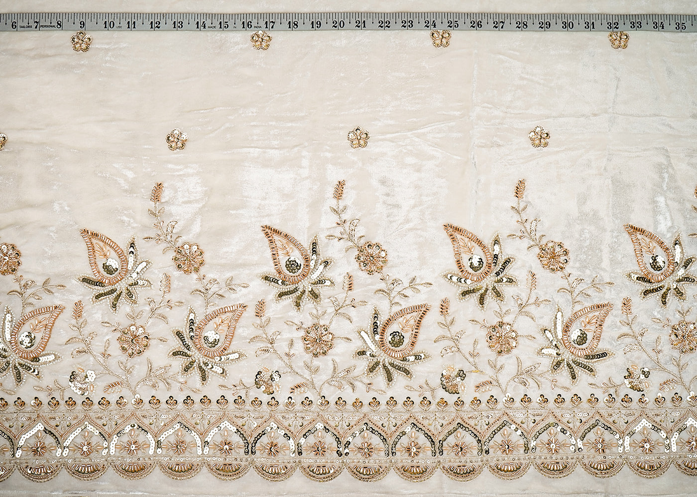 White Velvet Fabric With All Over Buti Of Katdana, Sequins And Bead With One Side Border 20635
