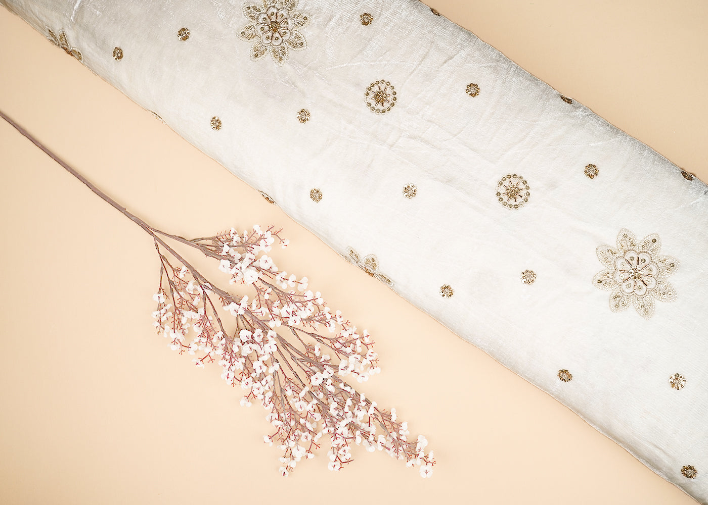 White Velvet Fabric With All Over Buti Of Katdana, Sequins And Bead 20637