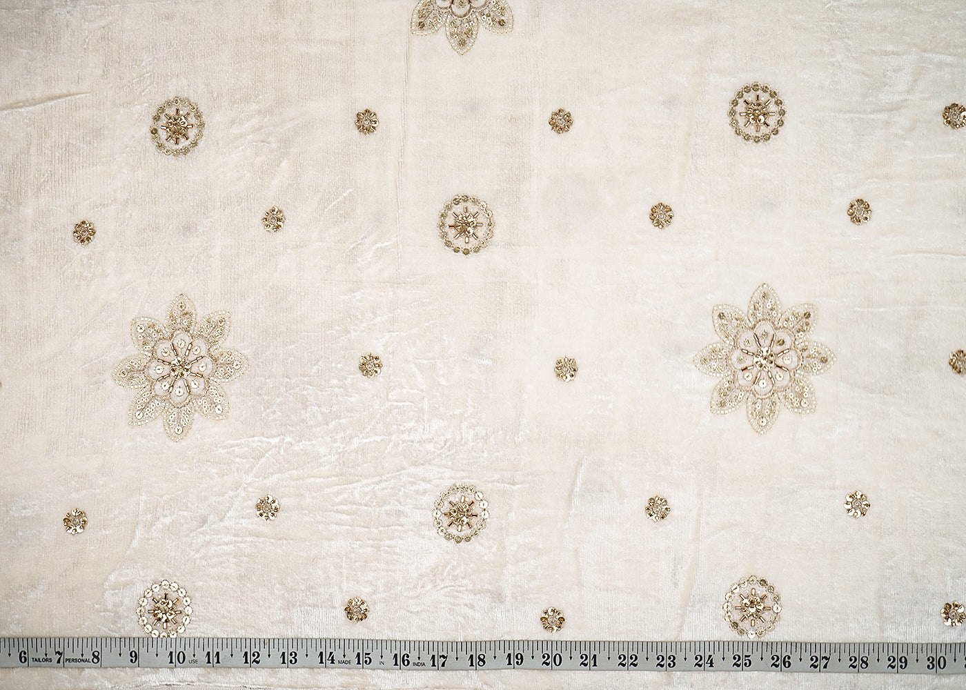 White Velvet Fabric With All Over Buti Of Katdana, Sequins And Bead 20637