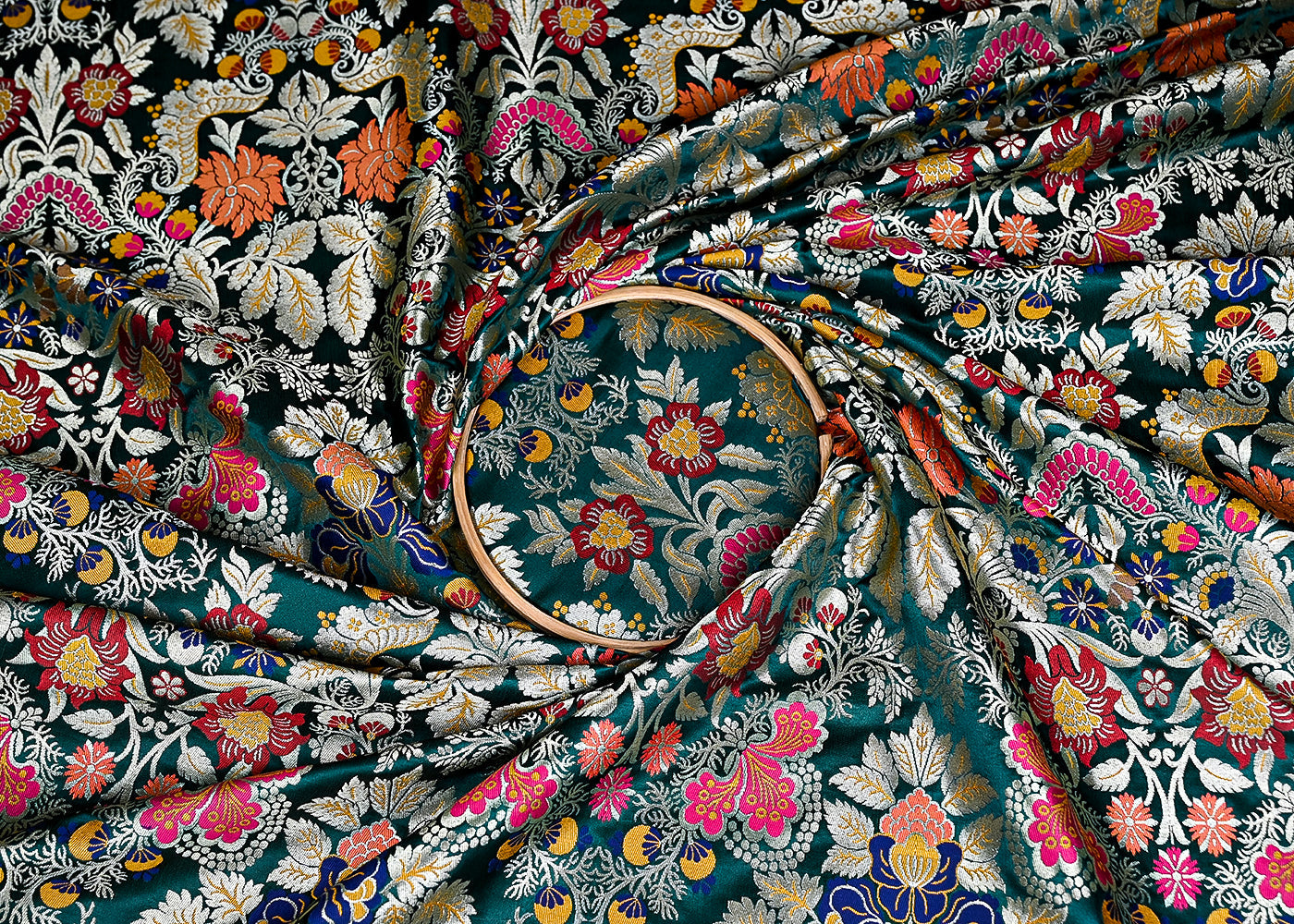 Bottle Green Banarasi Brocade Fabric With All Over Zari And Thread Handloom 20640