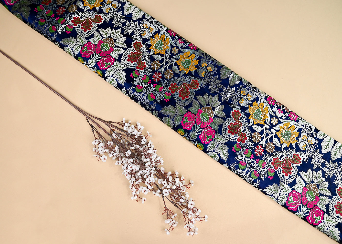 Navy Blue Banarasi Brocade Fabric With All Over Zari And Thread Handloom 20641