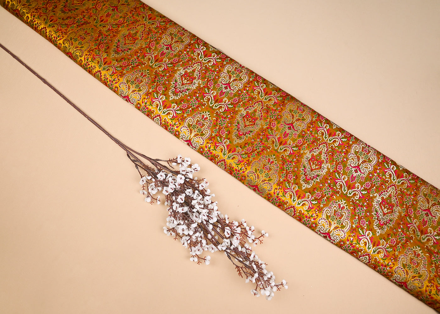Mustard Banarasi Brocade Fabric With All Over Zari And Thread Handloom 20642
