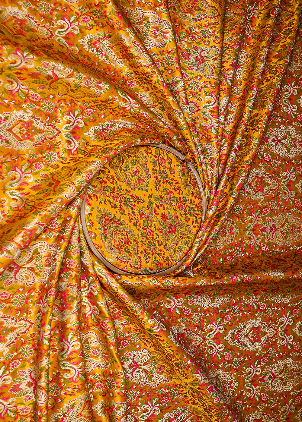 Mustard Banarasi Brocade Fabric With All Over Zari And Thread Handloom 20642