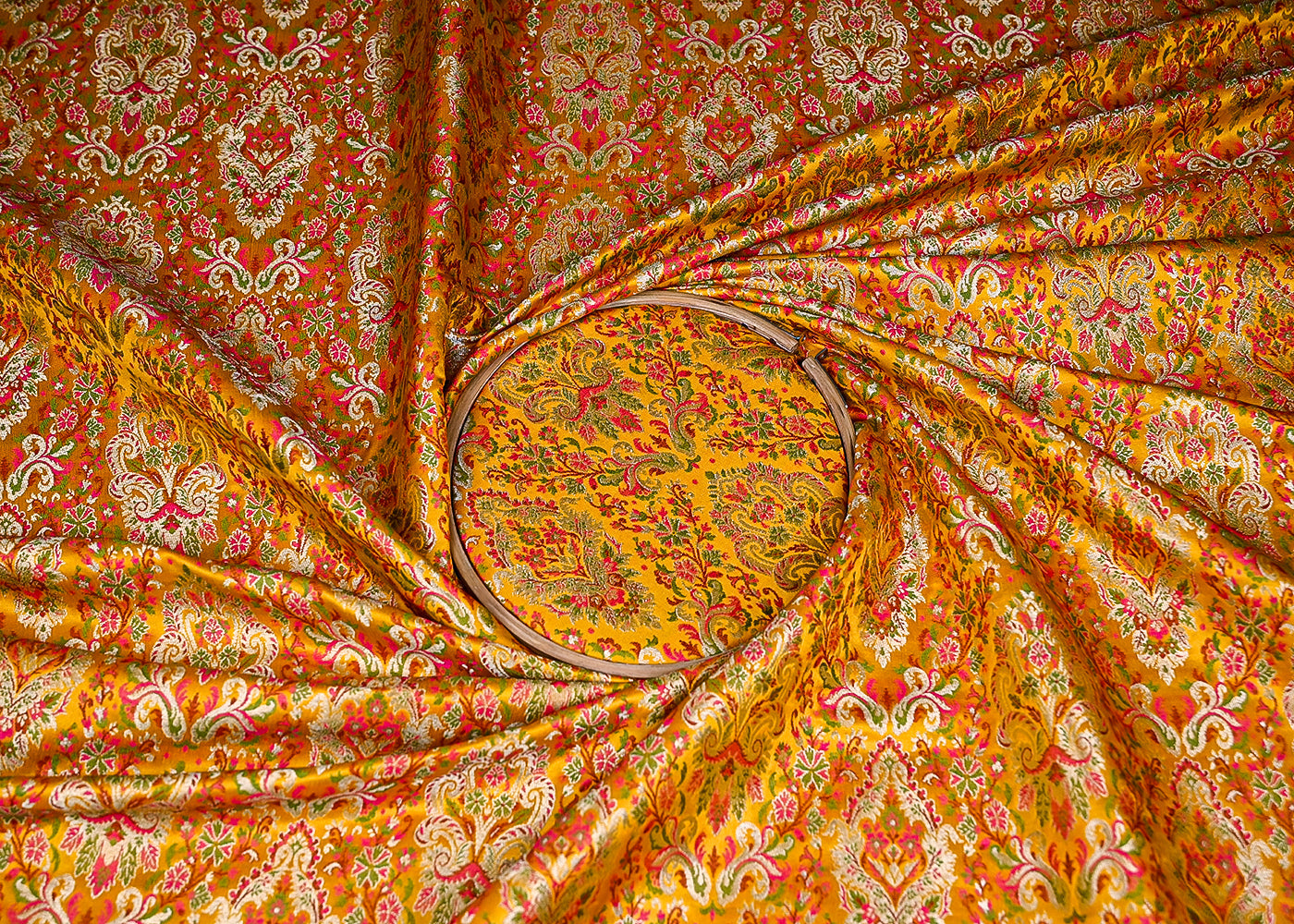 Mustard Banarasi Brocade Fabric With All Over Zari And Thread Handloom 20642
