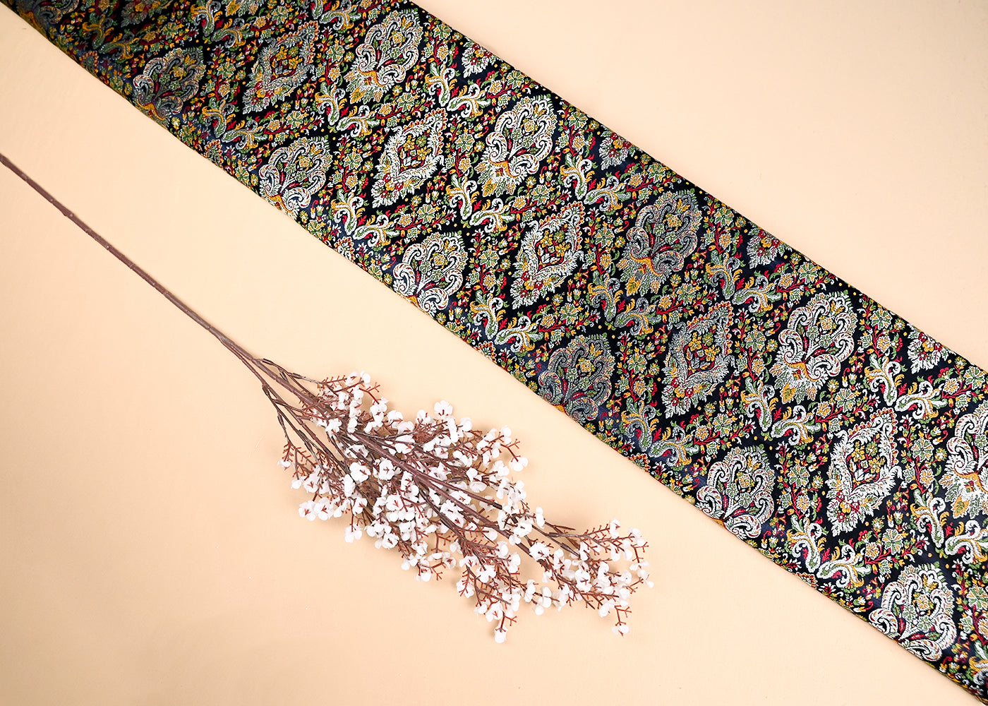 Black Banarasi Brocade Fabric With All Over Zari And Thread Handloom 20643