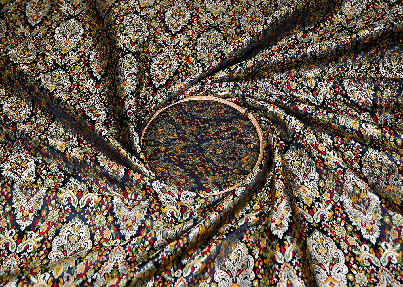 Black Banarasi Brocade Fabric With All Over Zari And Thread Handloom 20643